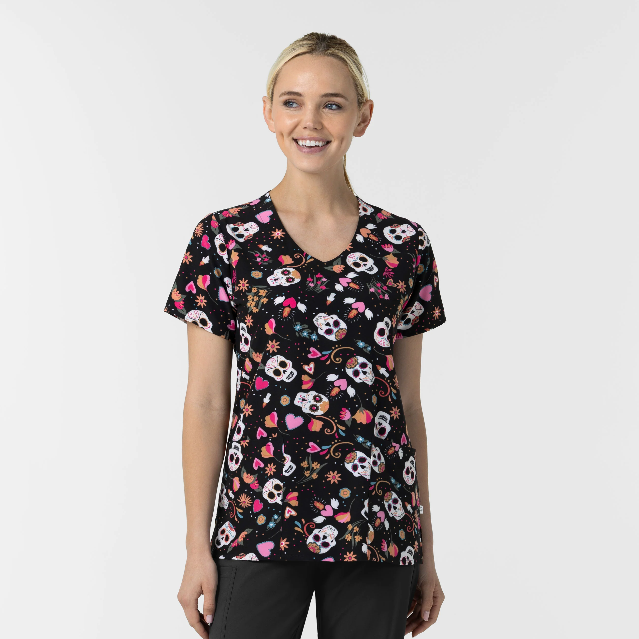 Women's V-Neck Print Scrub Top - Sugar Skull Fiesta