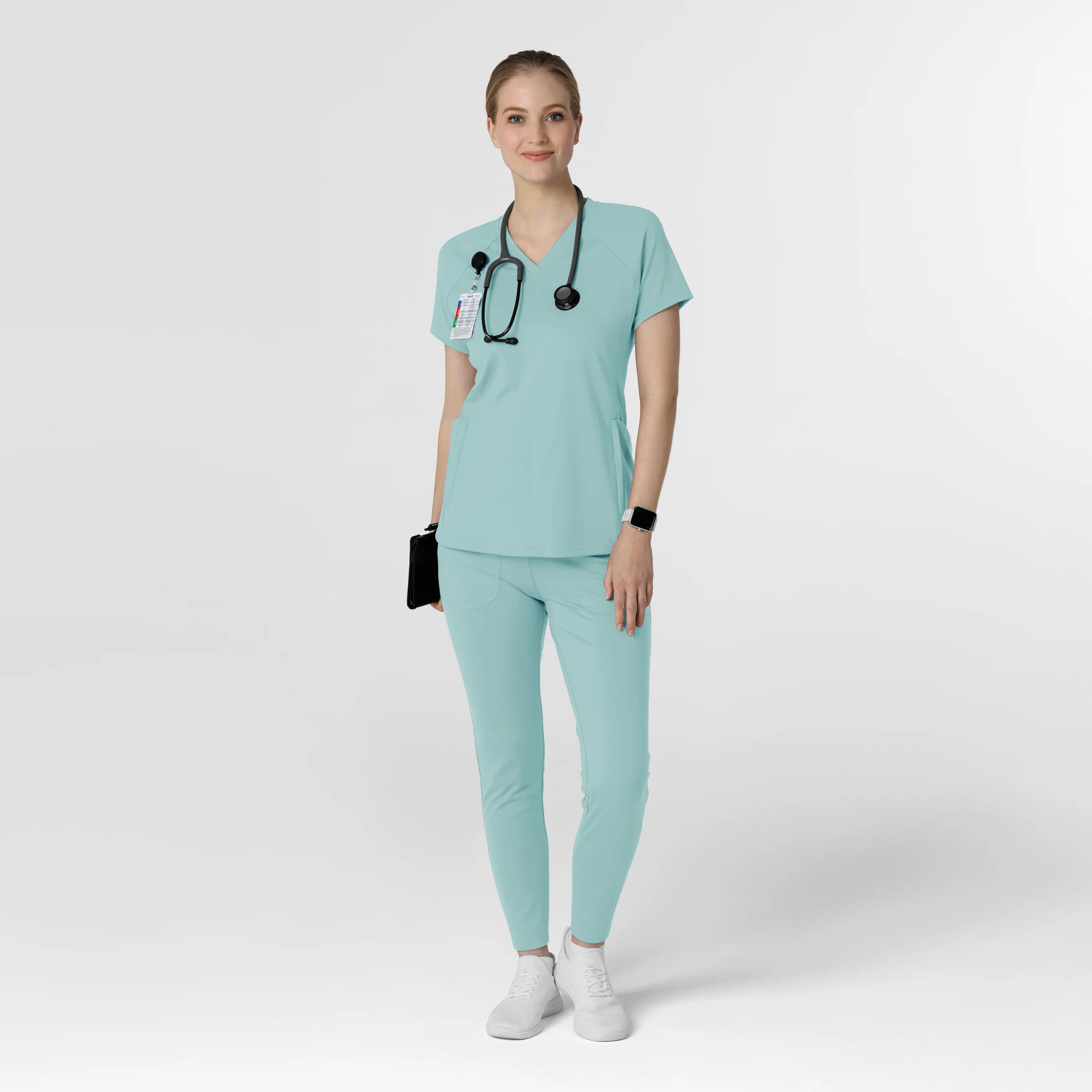RENEW Knit Women's Flex-n-Reach V-Neck Raglan Scrub Top - Coastal Blue - Image 3