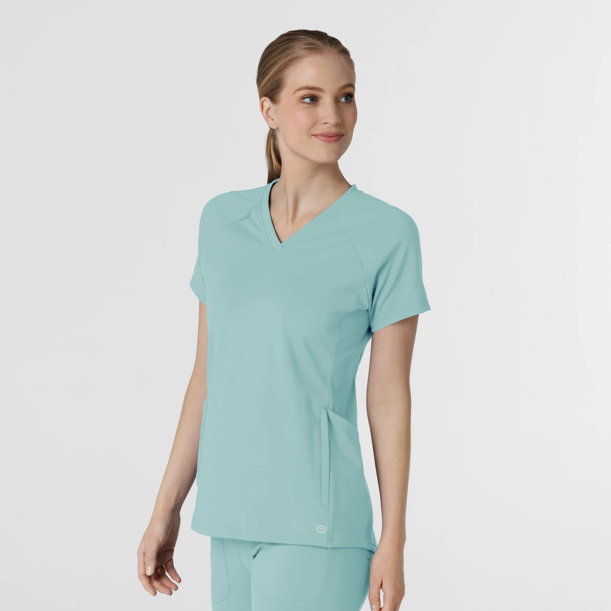 RENEW Knit Women's Flex-n-Reach V-Neck Raglan Scrub Top - Coastal Blue - Image 4