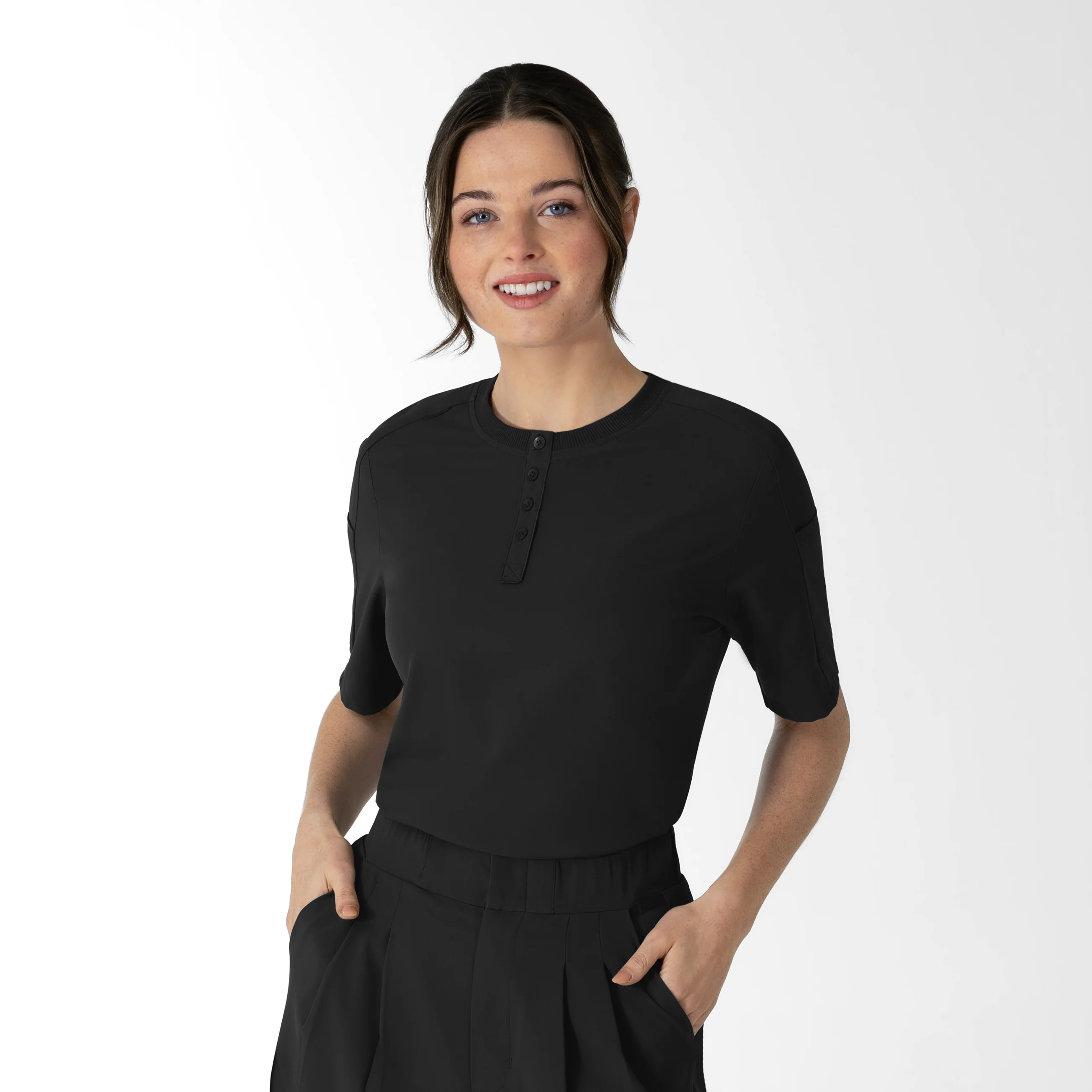 RENEW Women's Tuck-In Henley Scrub Top - Black