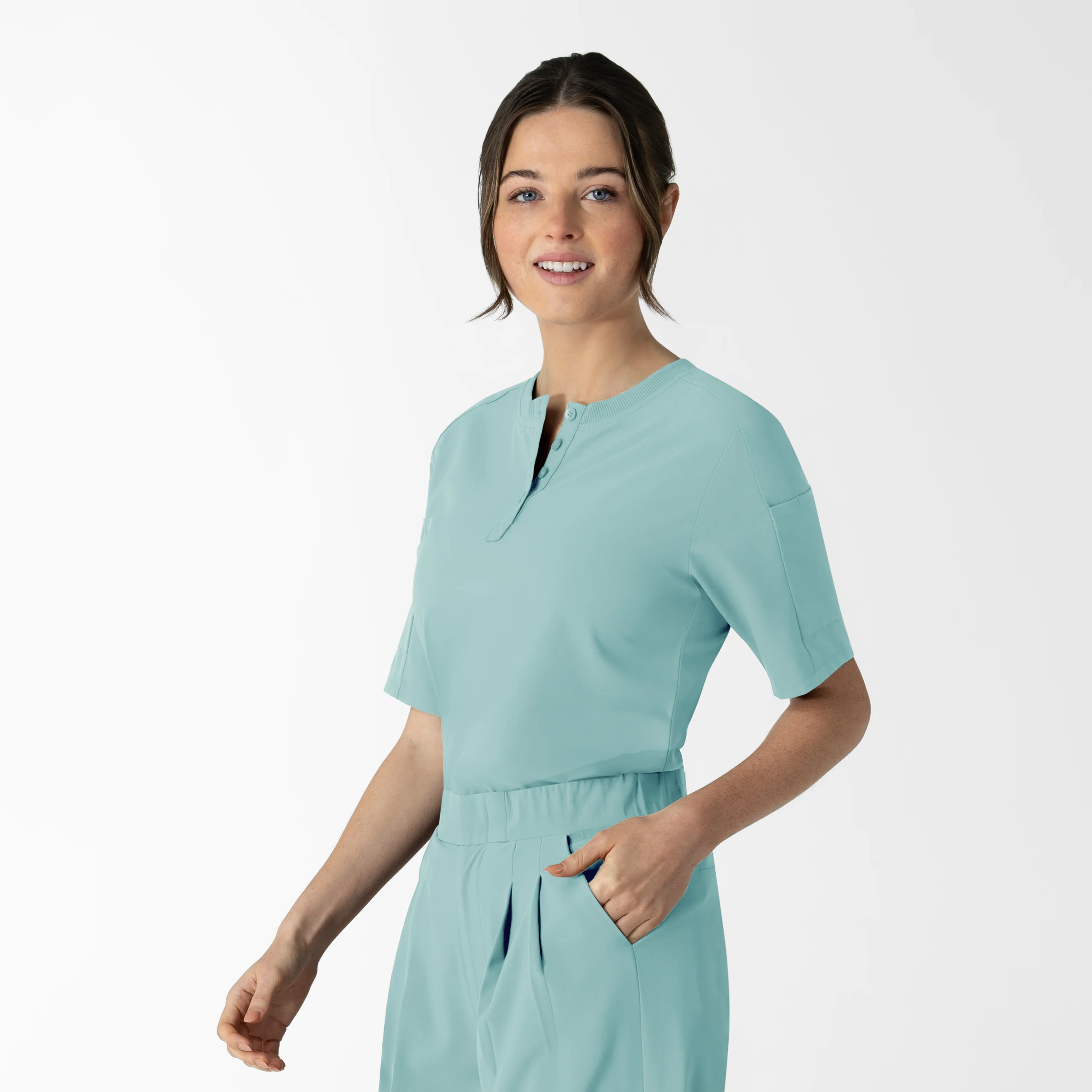 RENEW Women's Tuck-In Henley Scrub Top - Coastal Blue - Image 4