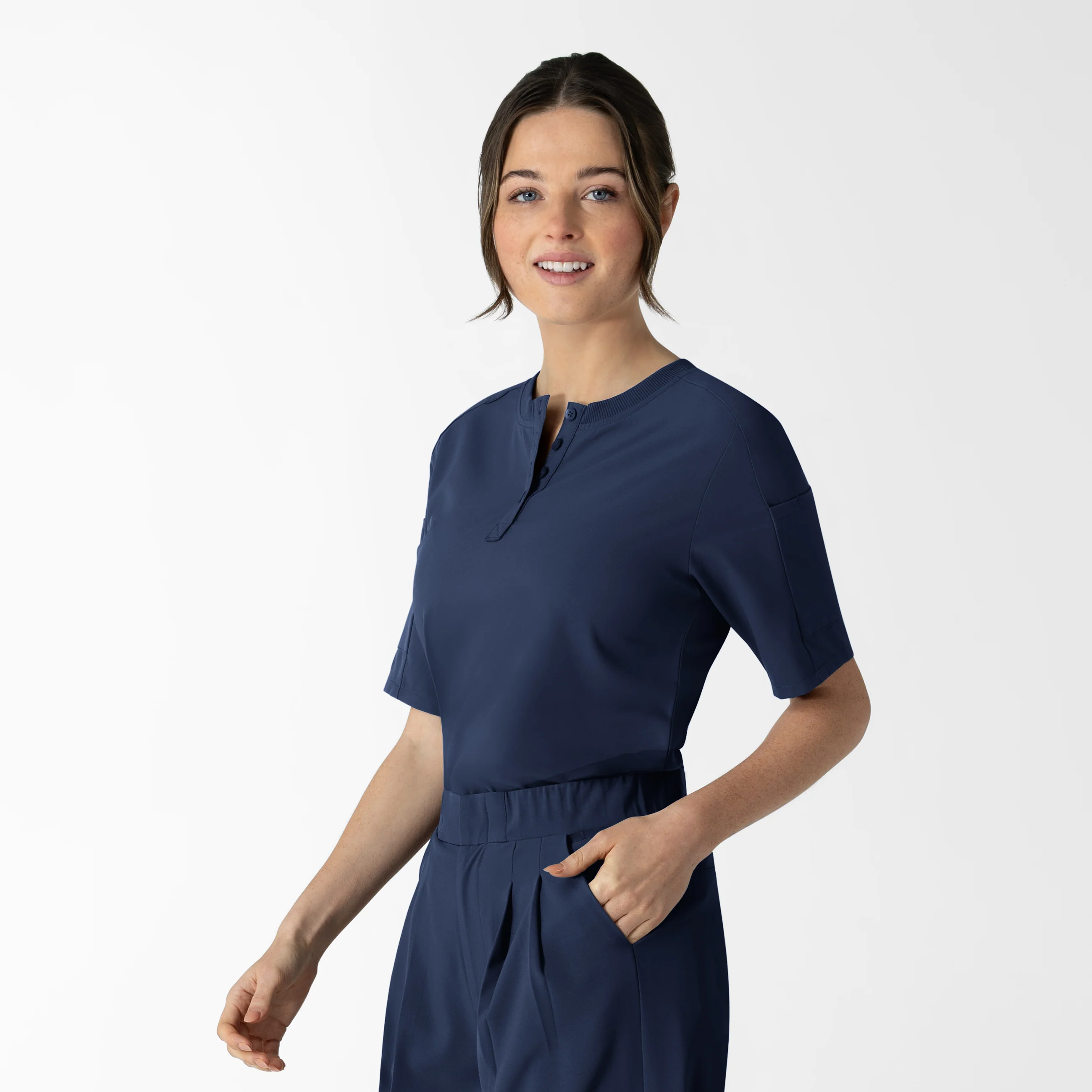 RENEW Women's Tuck-In Henley Scrub Top - Navy - Image 5