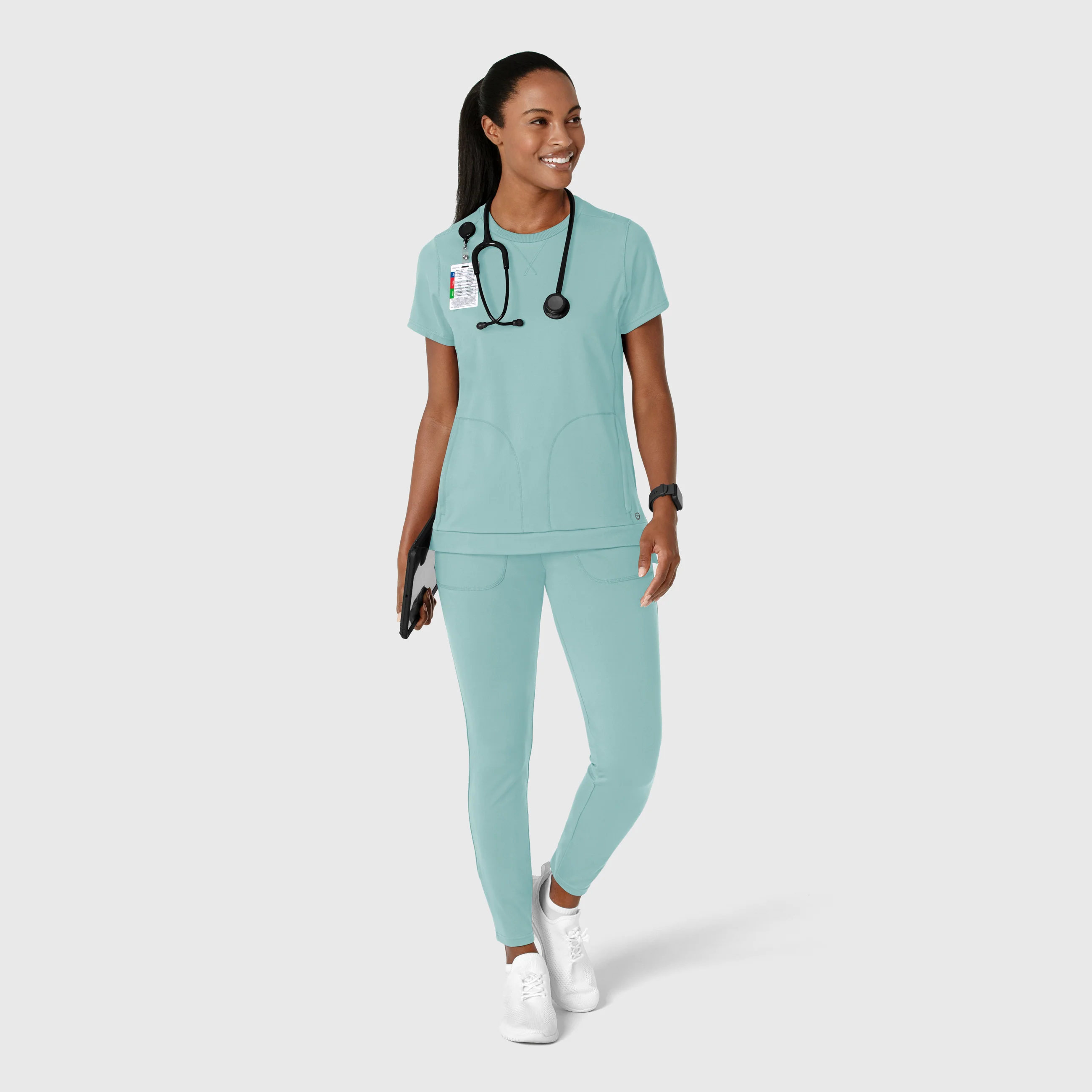 RENEW Knit Women's Flex-n-Reach Crew Neck Scrub Top - Coastal Blue - Image 3