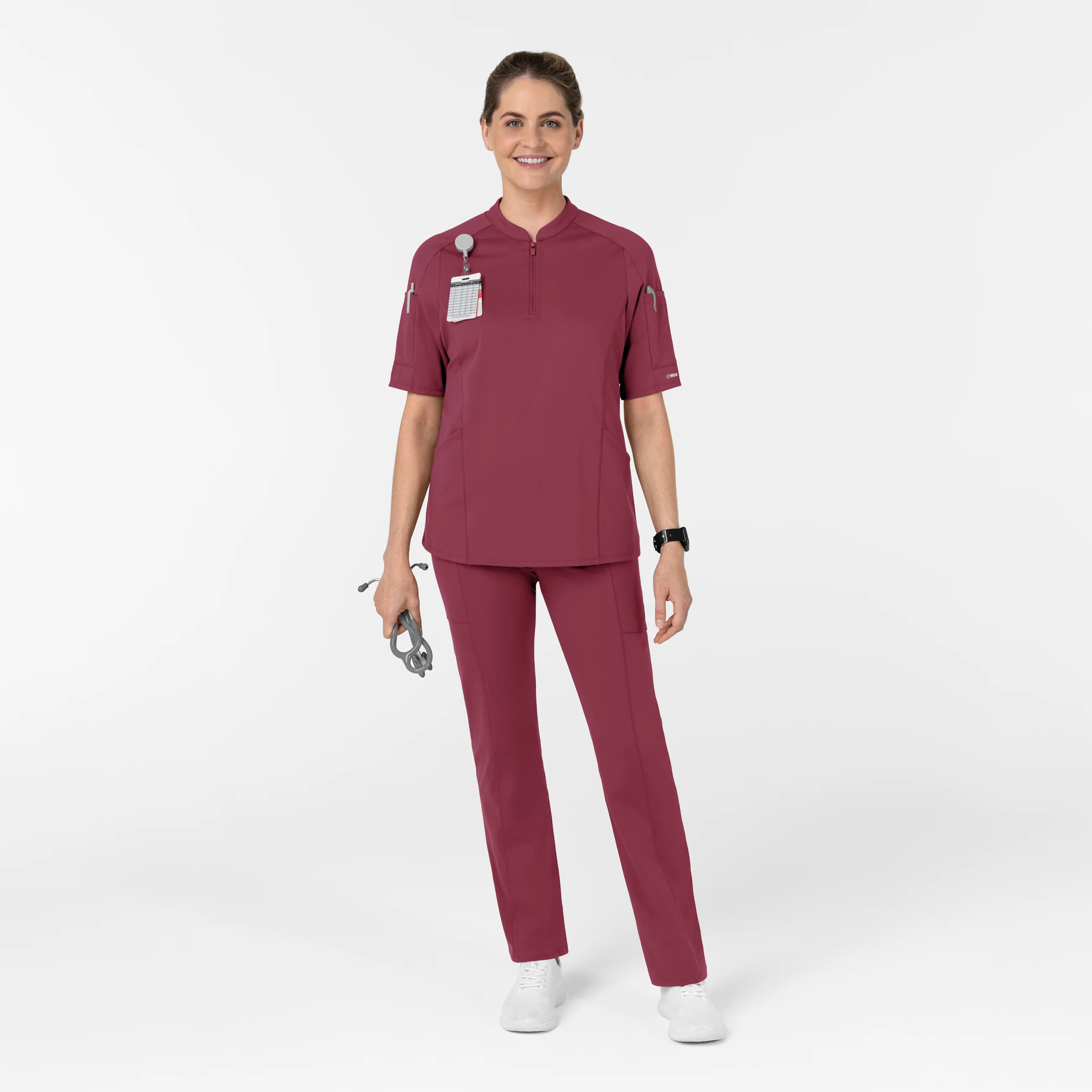 RENEW Knit Women's The Rounds Half-Zip Mid Sleeve Scrub Top - Carnation - Image 3