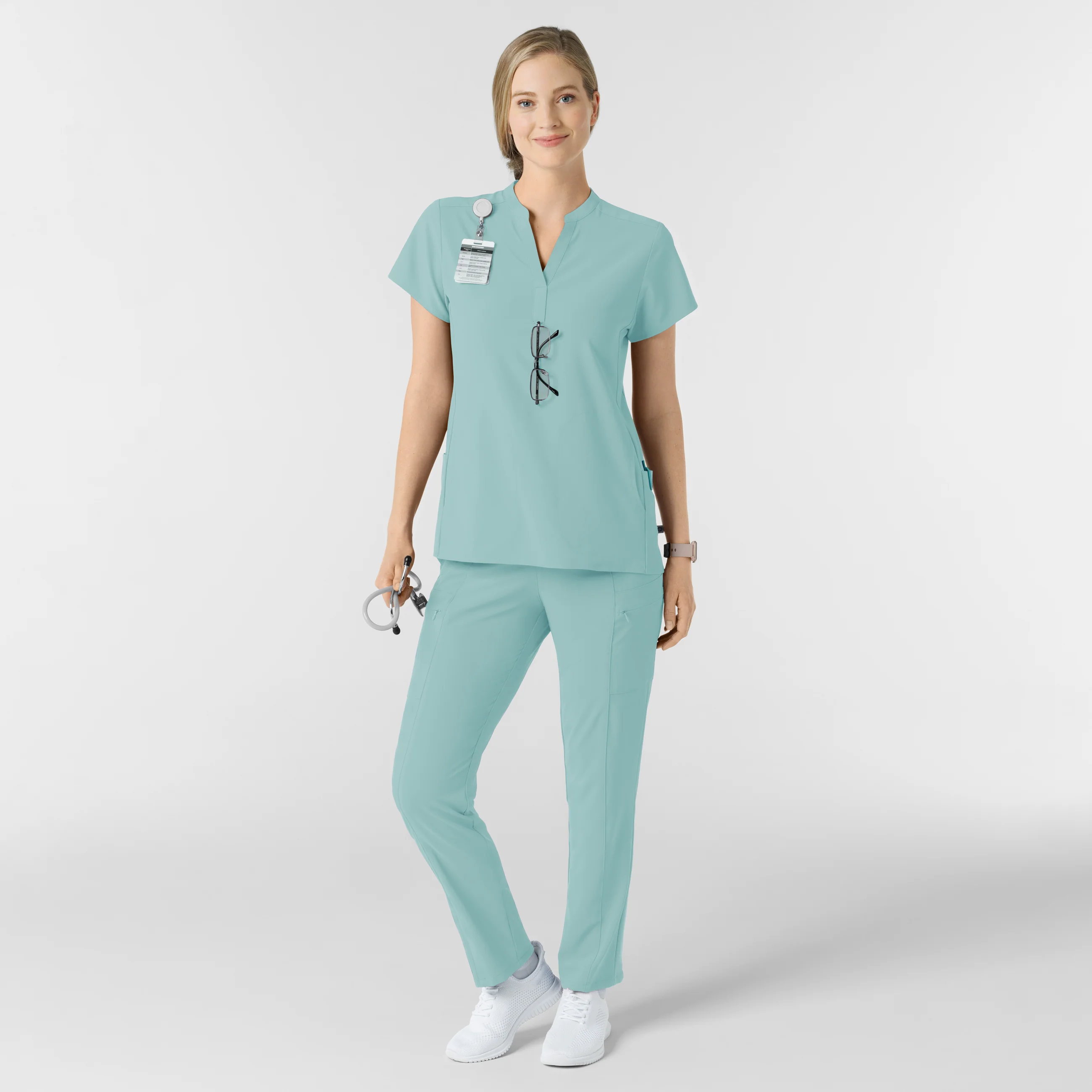 RENEW Women's Mandarin Collar Scrub Top - Coastal Blue - Image 3