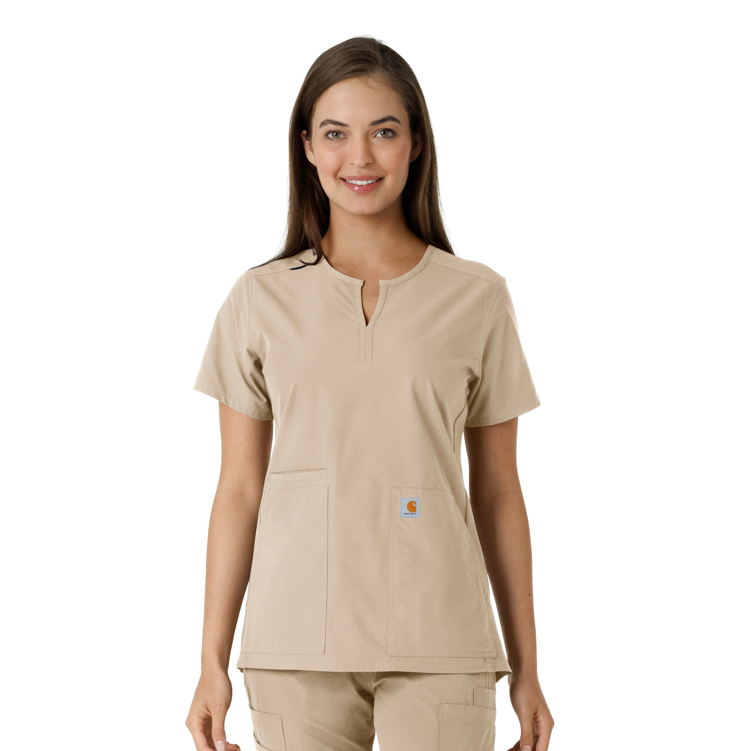 Carhartt Force Essentials Women's Notch Neck Tunic Knit Panel Scrub Top - Khaki