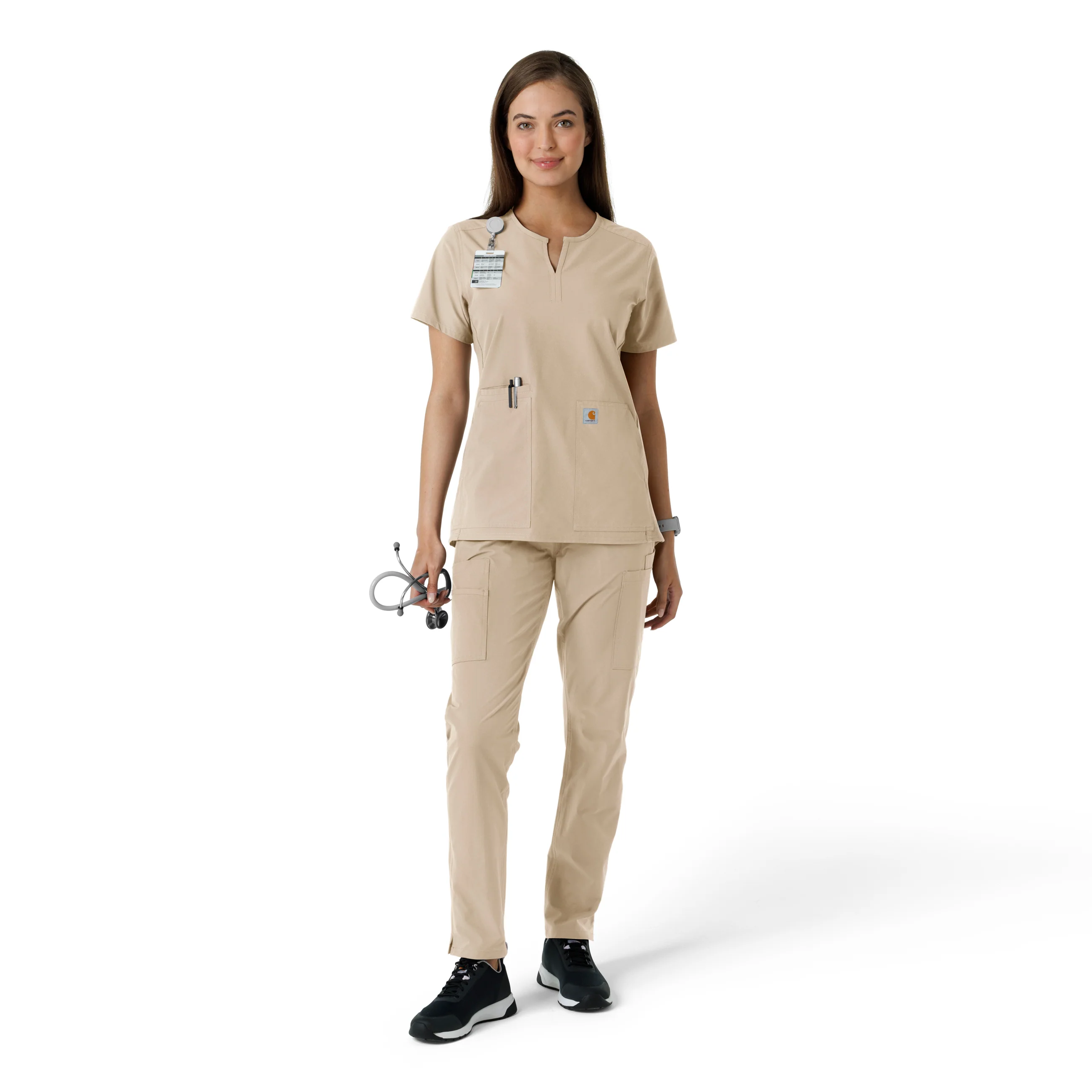 Carhartt Force Essentials Women's Notch Neck Tunic Knit Panel Scrub Top - Khaki - Image 3