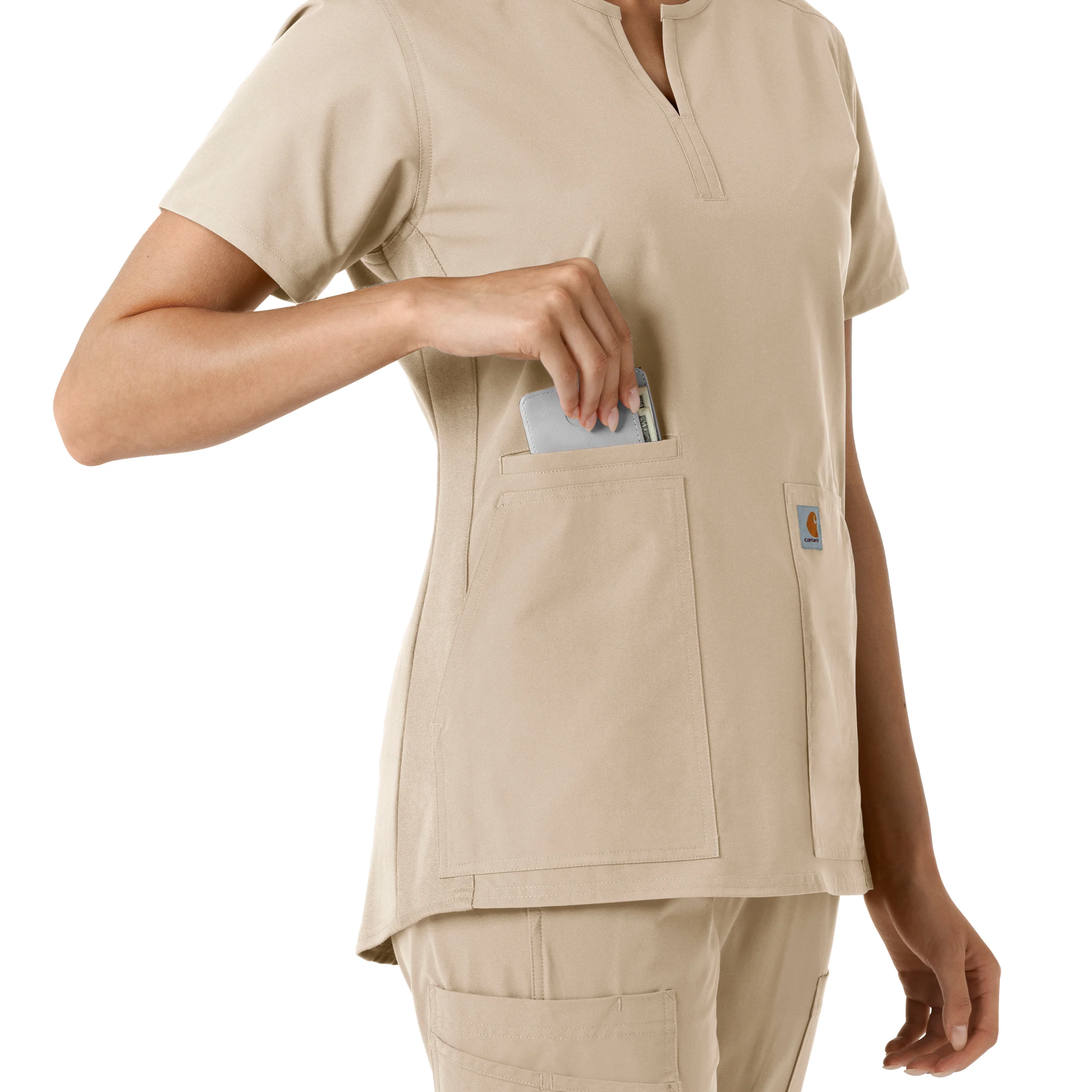 Carhartt Force Essentials Women's Notch Neck Tunic Knit Panel Scrub Top - Khaki - Image 7