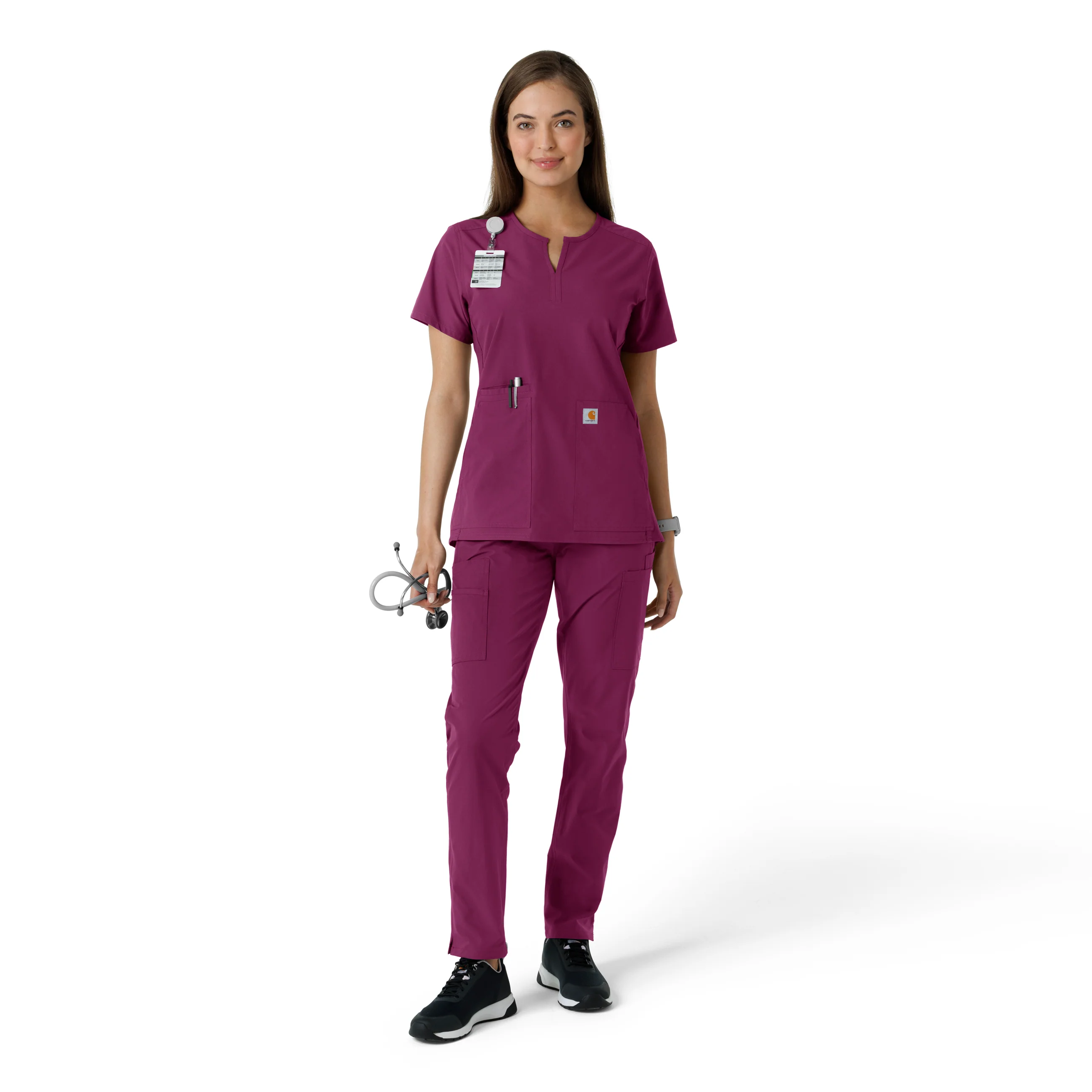 Carhartt Force Essentials Women's Notch Neck Tunic Knit Panel Scrub Top - Wine - Image 3
