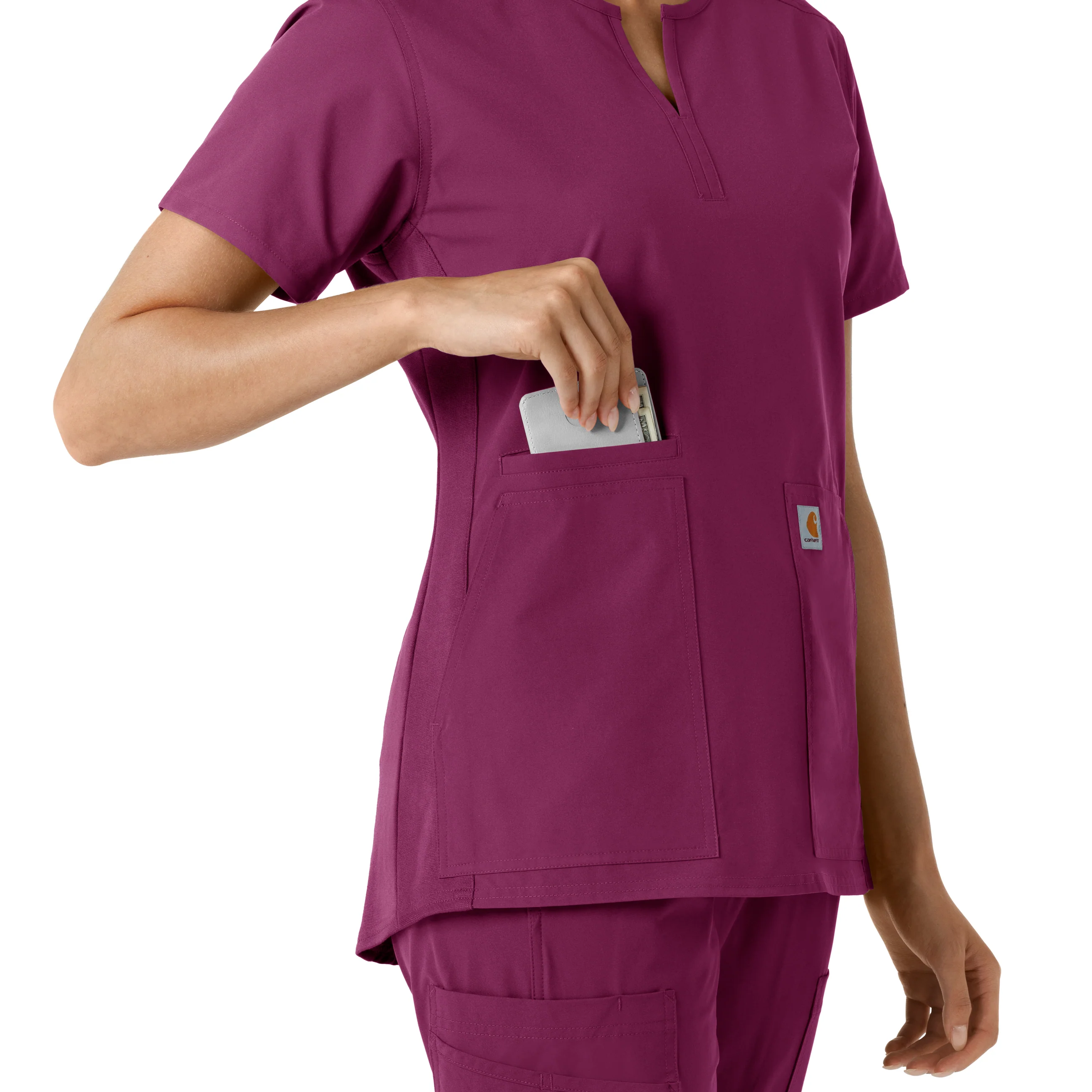 Carhartt Force Essentials Women's Notch Neck Tunic Knit Panel Scrub Top - Wine - Image 7