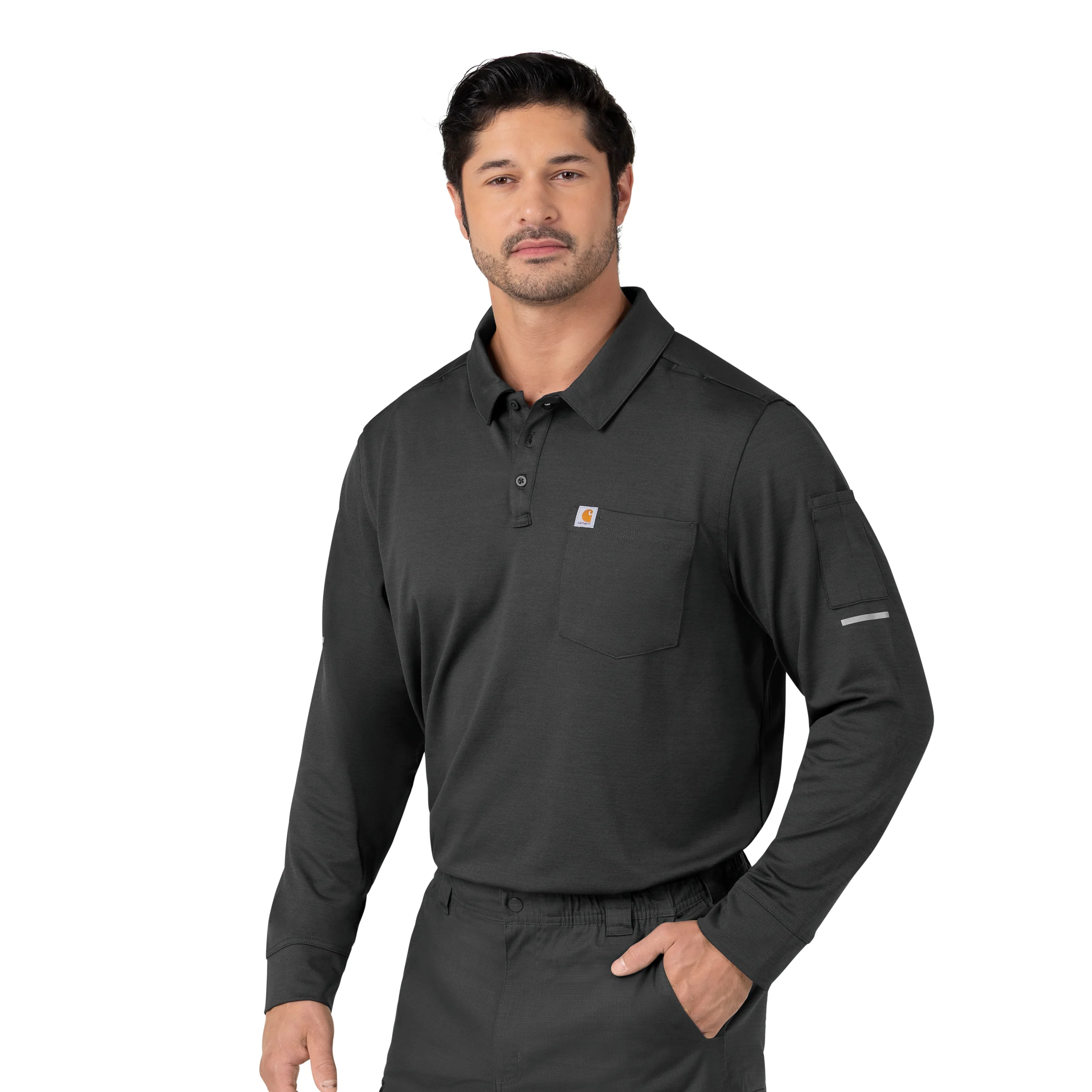 Carhartt Rugged Flex RSCU Men's Heavyweight Long Sleeve Polo Scrub Top - Pewter - Image 4