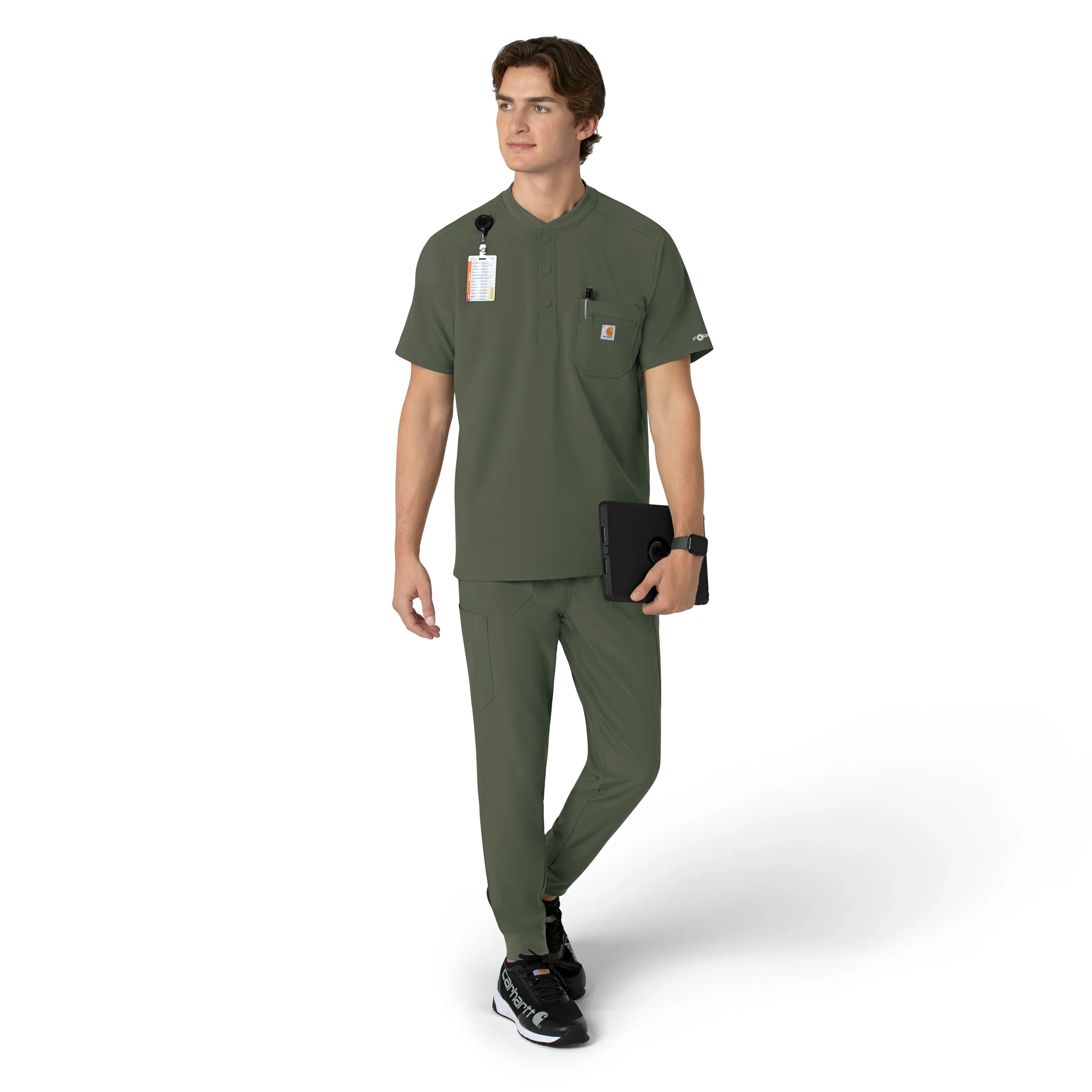 Carhartt Force Cross-Flex Men's Henley Scrub Top - Olive - Image 3