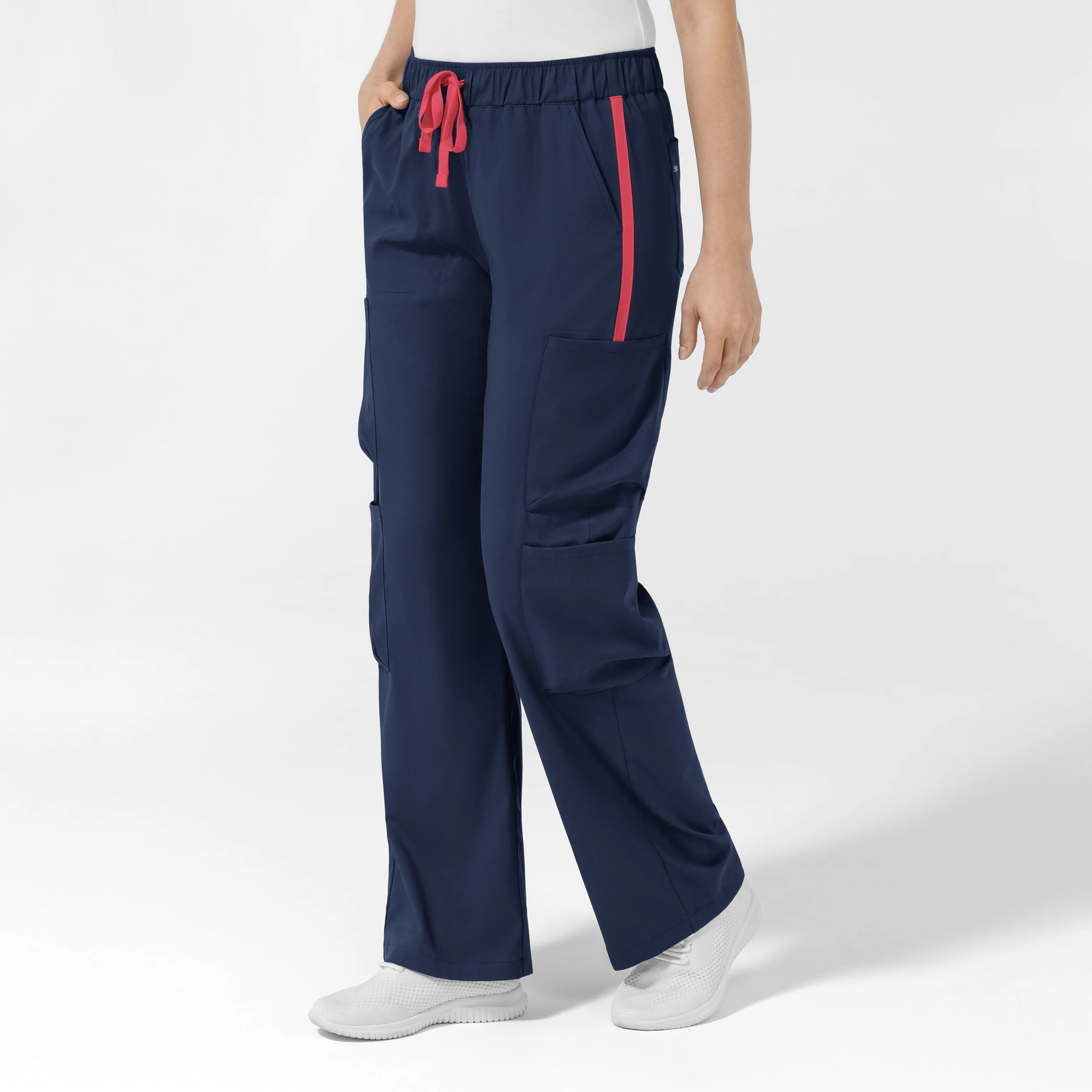 Boundless Women's Classic Wide Leg Cargo Scrub Pant - Navy and Hibiscus - Image 4
