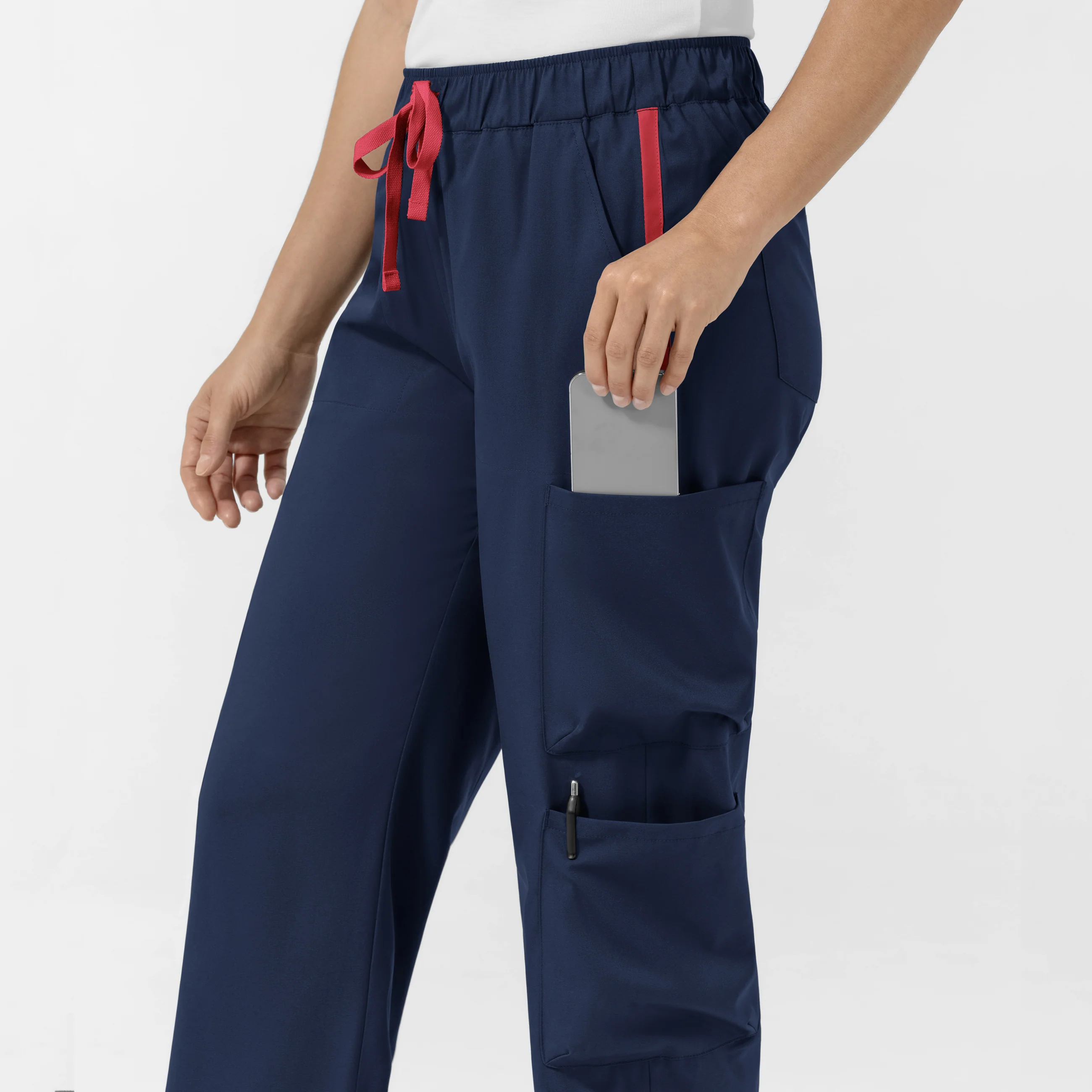 Boundless Women's Classic Wide Leg Cargo Scrub Pant - Navy and Hibiscus - Image 6