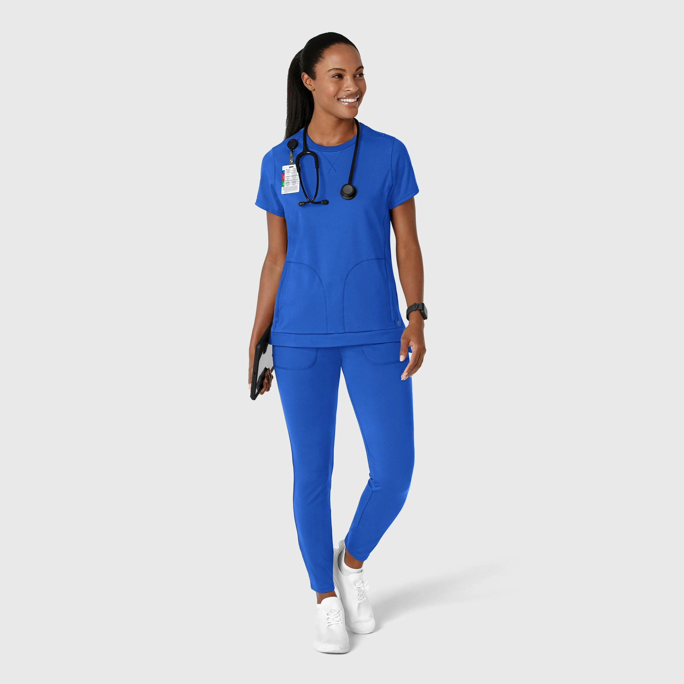 RENEW Knit Women's Flex-n-Reach Crew Neck Scrub Top - Royal - Image 3