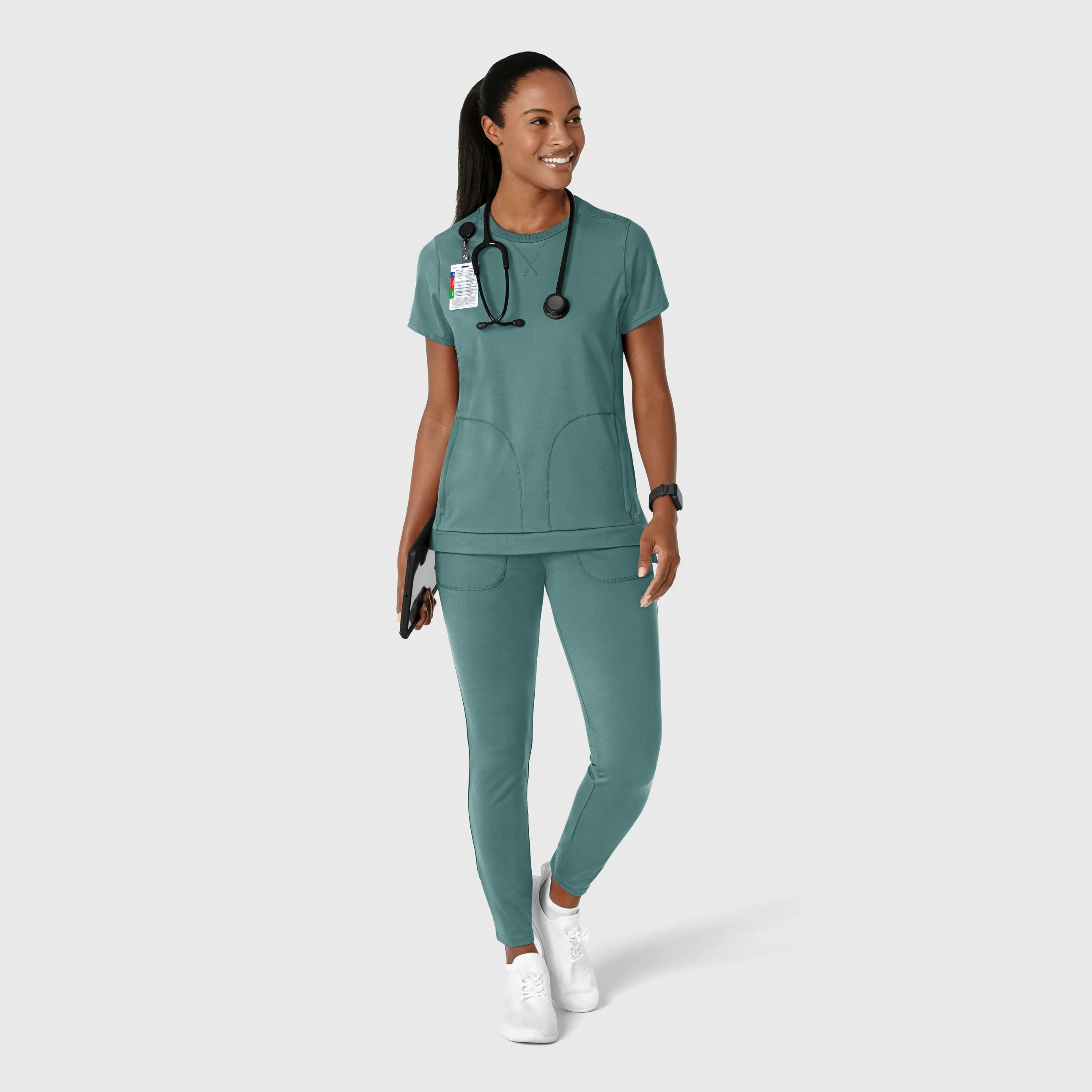 RENEW Knit Women's Flex-n-Reach Crew Neck Scrub Top - Vintage Teal - Image 3