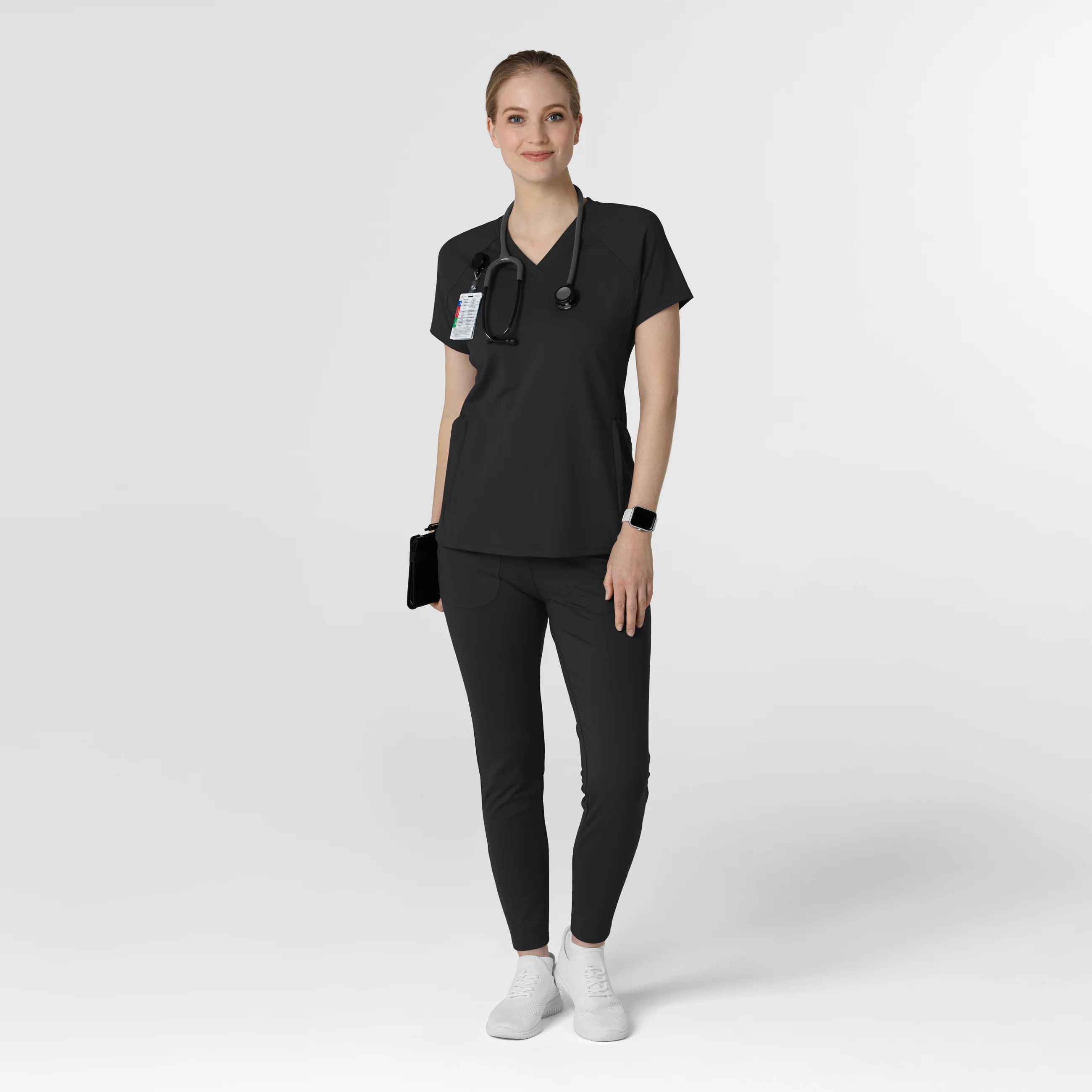 RENEW Knit Women's Flex-n-Reach V-Neck Raglan Scrub Top - Black - Image 3