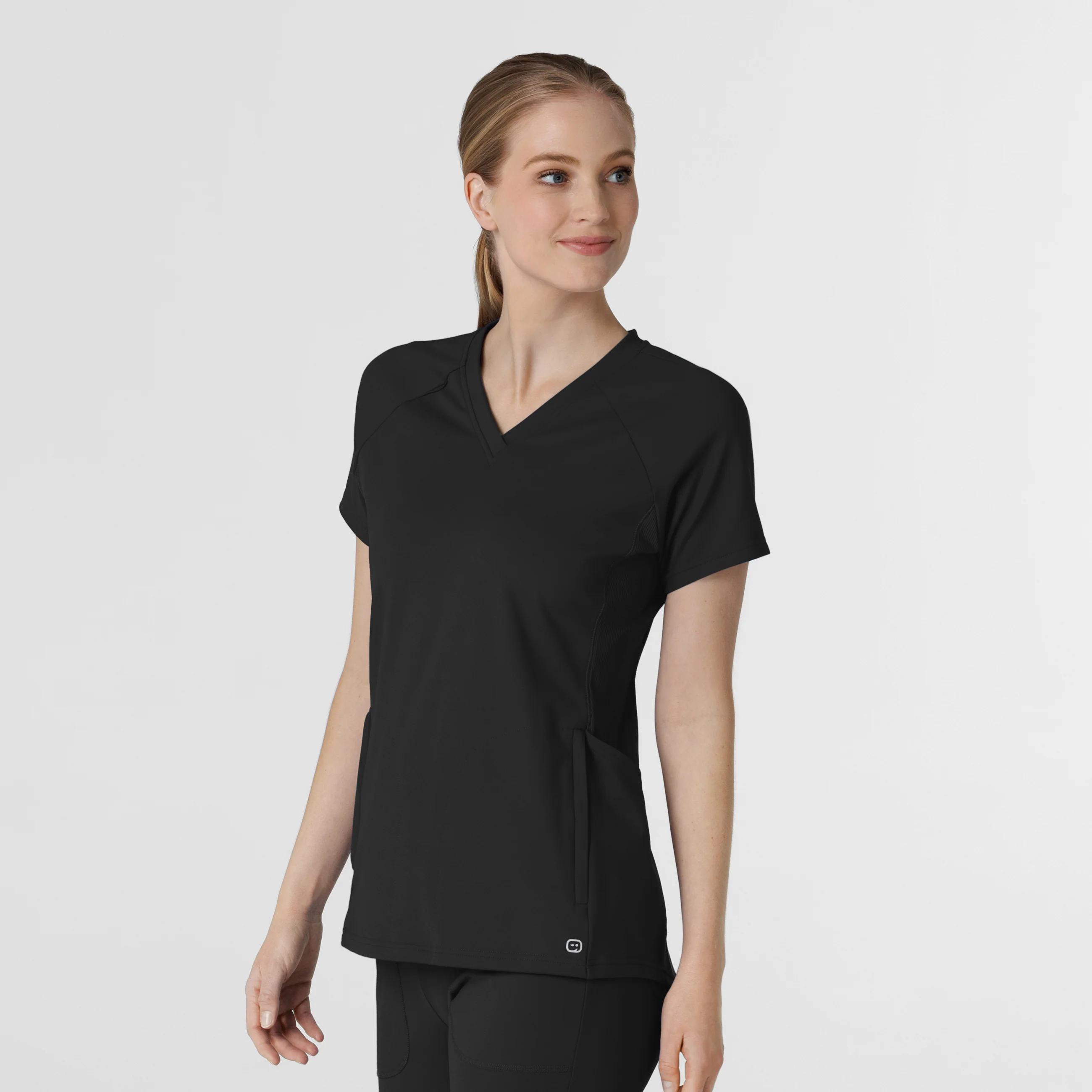 RENEW Knit Women's Flex-n-Reach V-Neck Raglan Scrub Top - Black - Image 4