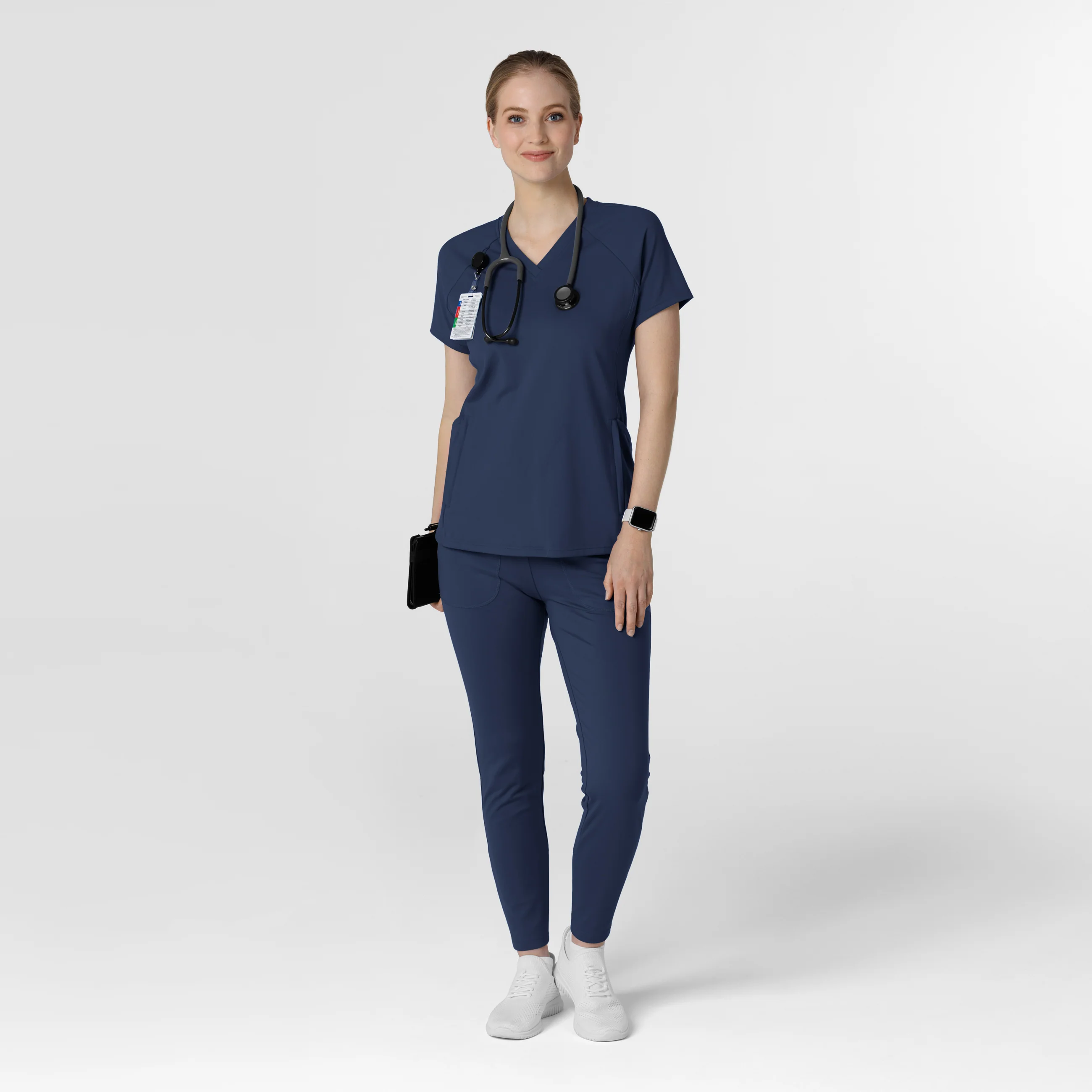 RENEW Knit Women's Flex-n-Reach V-Neck Raglan Scrub Top - Navy - Image 3