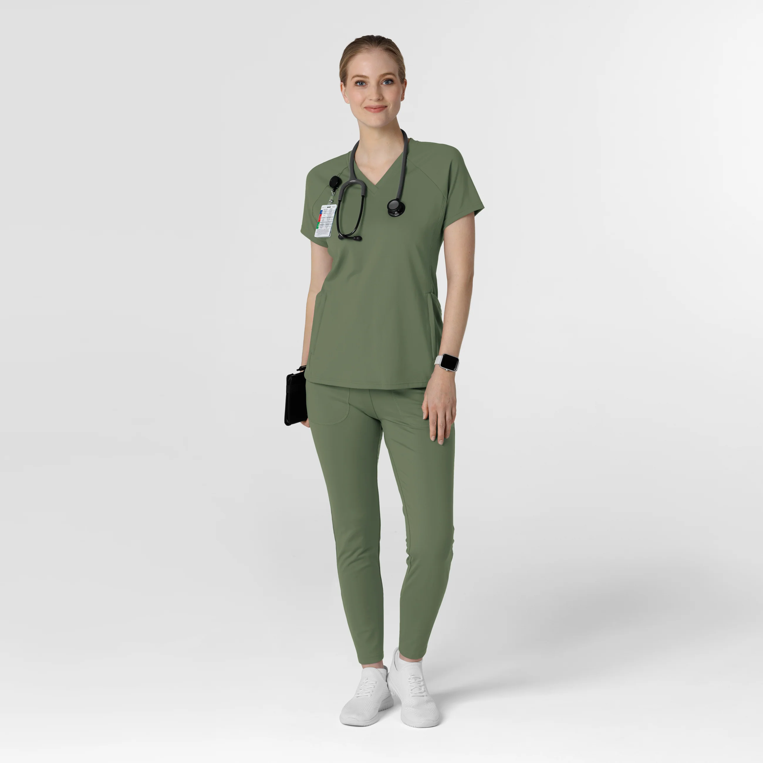 RENEW Knit Women's Flex-n-Reach V-Neck Raglan Scrub Top - Olive - Image 3
