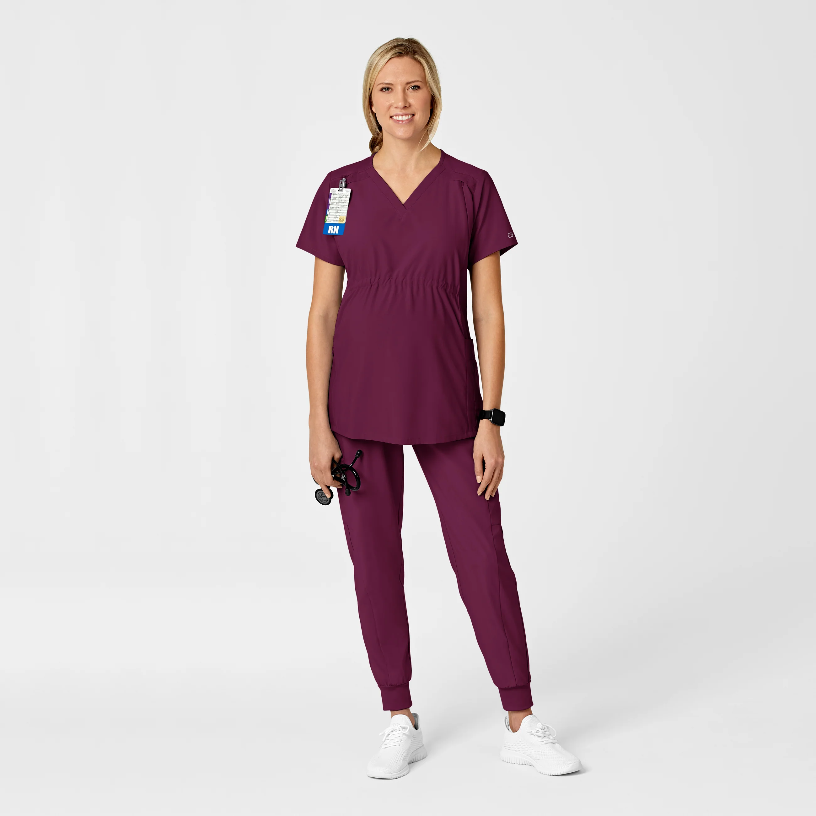 W123 Maternity V-Neck Scrub Top - Wine - Image 3