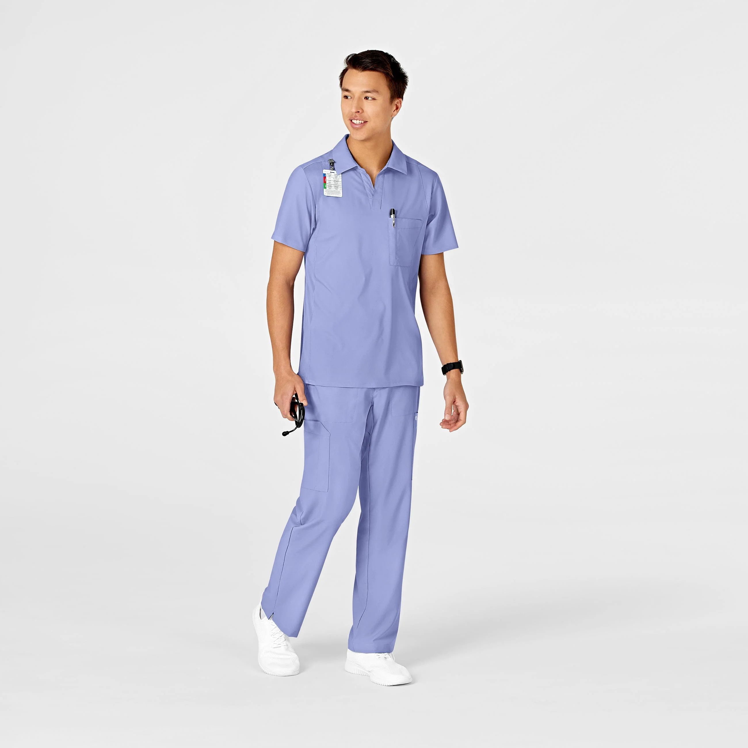 W123 Men's Collar Scrub Top - Ceil Blue - Image 3