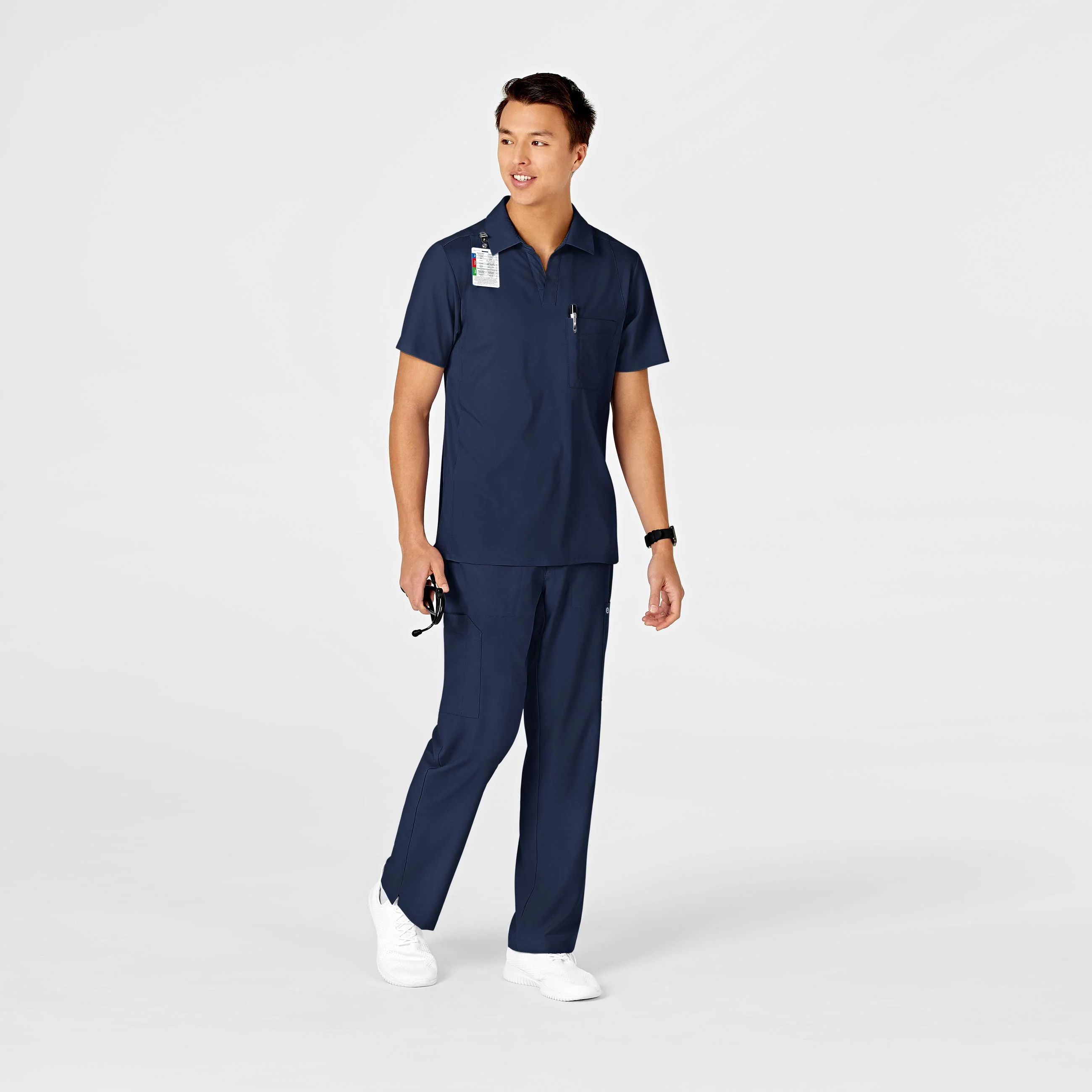 W123 Men's Collar Scrub Top - Navy - Image 3