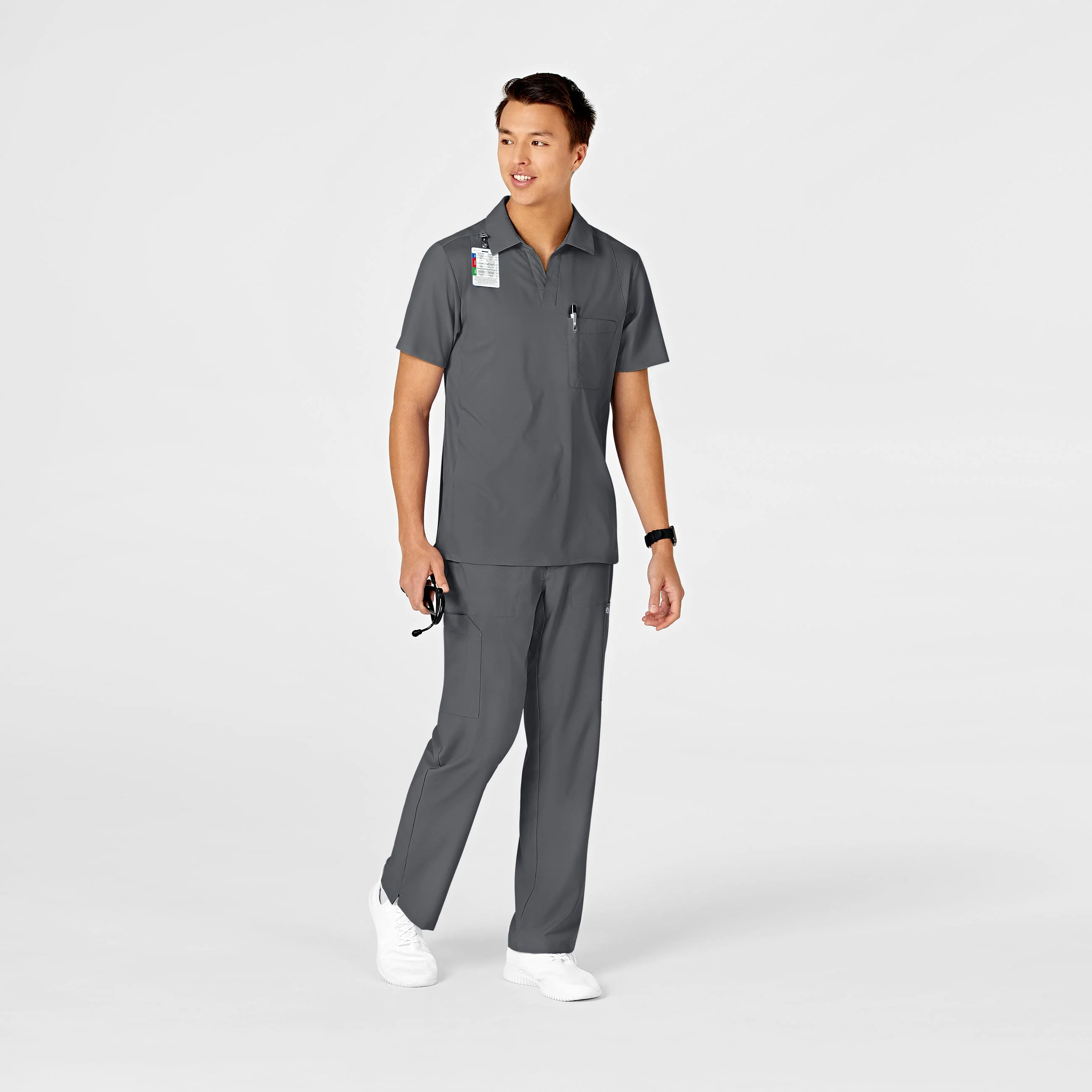 W123 Men's Collar Scrub Top - Pewter - Image 3