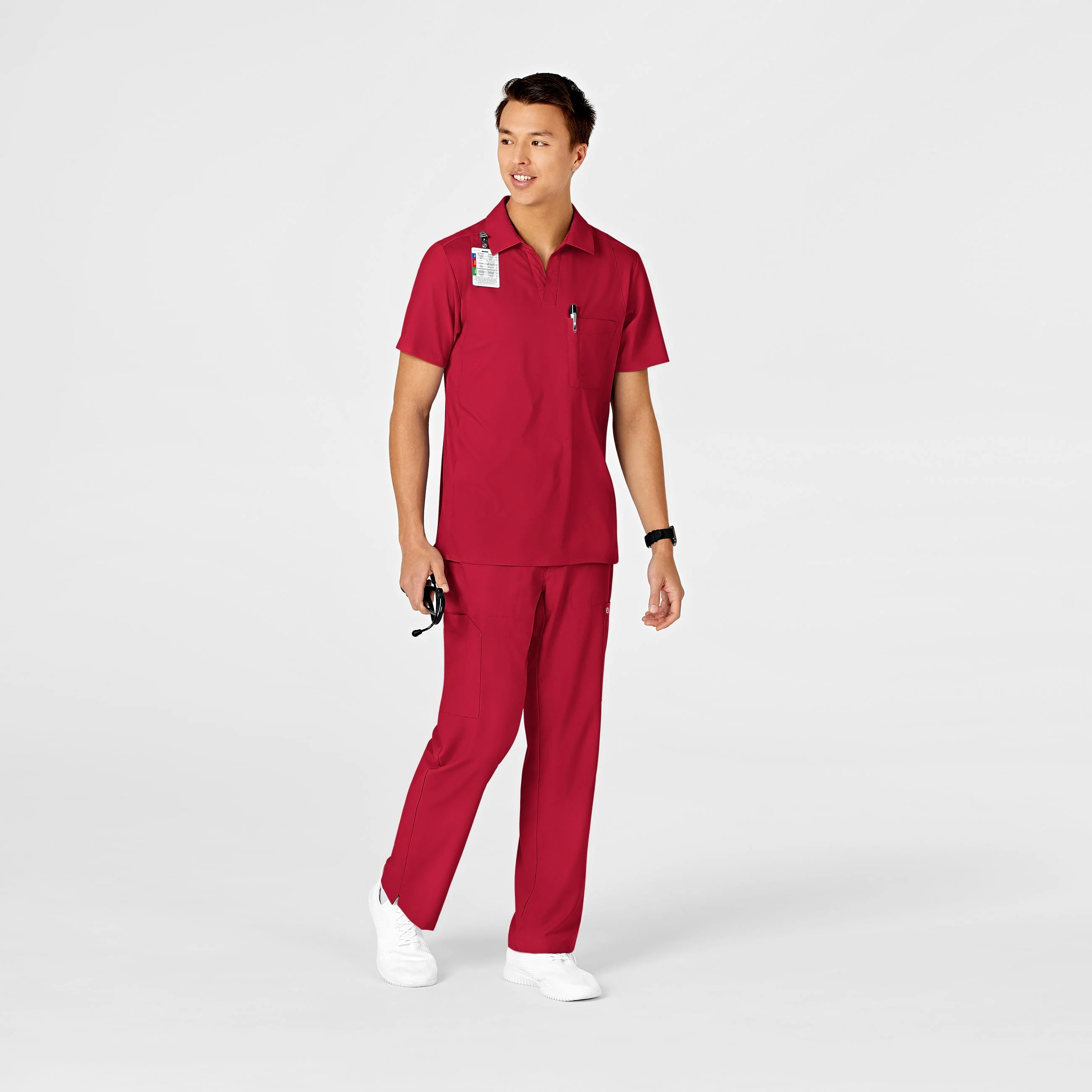 W123 Men's Collar Scrub Top - Red - Image 3