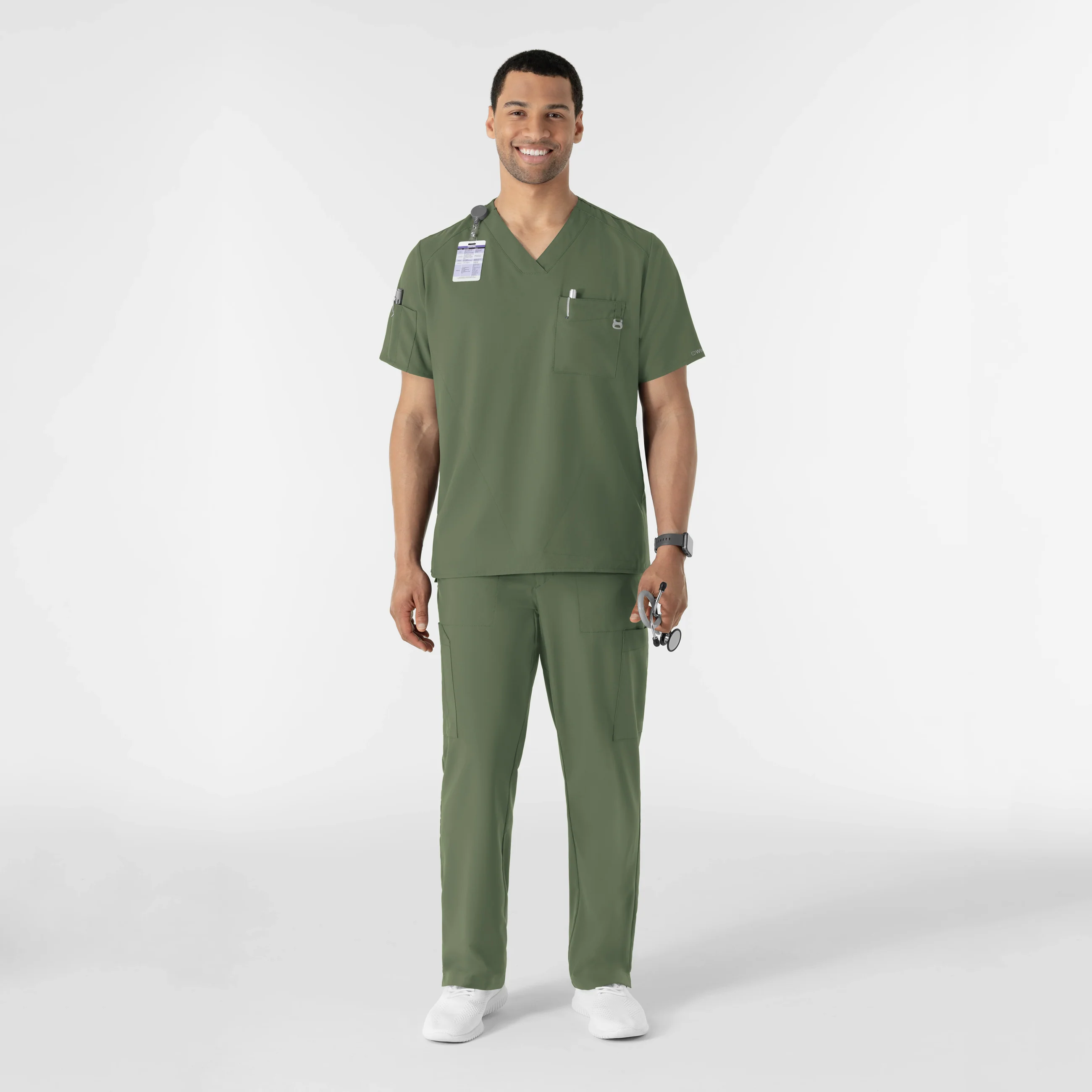 W123 Men's V-Neck Scrub Top - Olive - Image 3