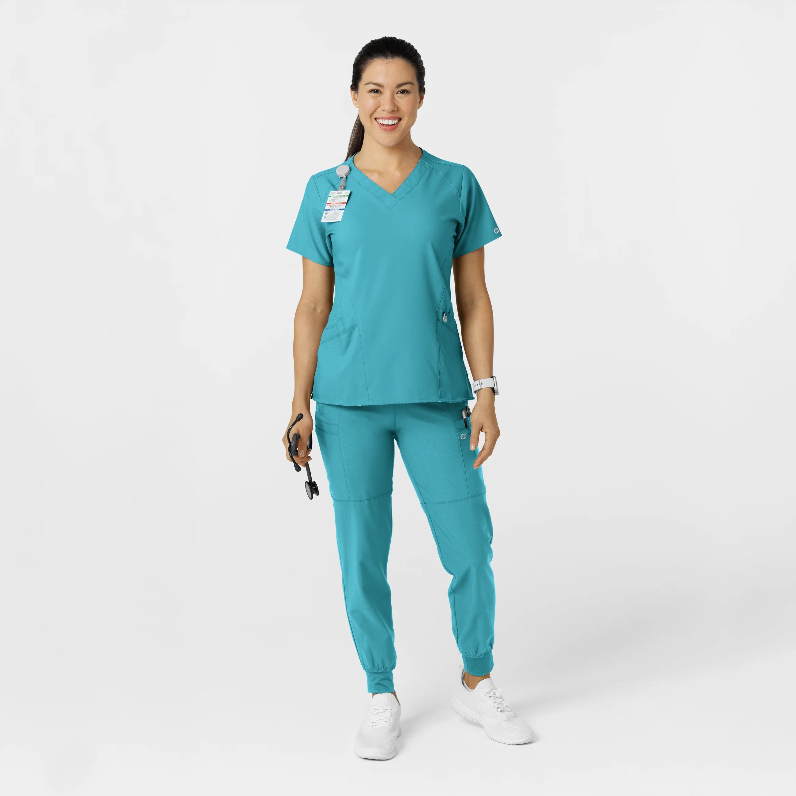 W123 Women's Comfort Waist Cargo Jogger Scrub Pant - Teal Blue - Image 4