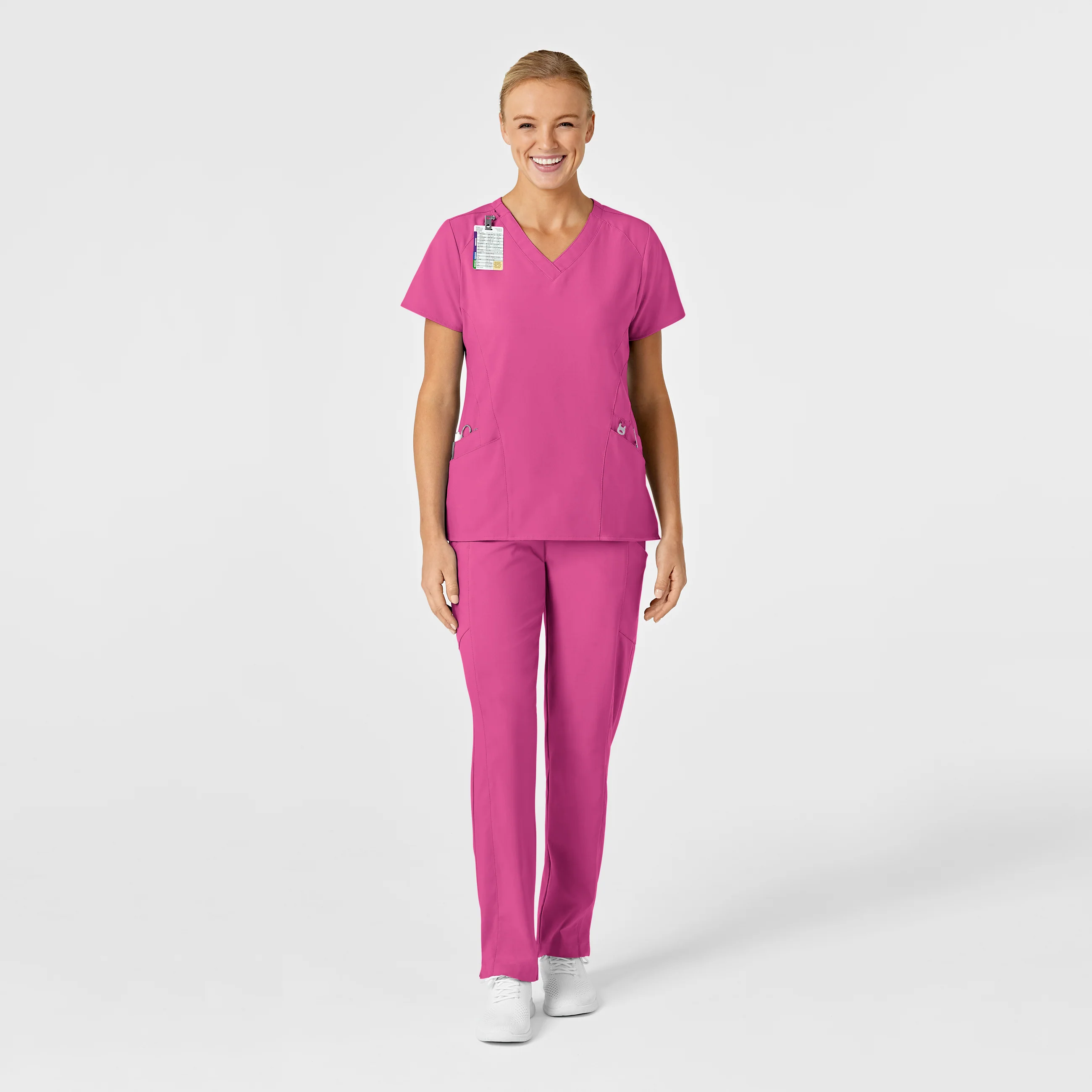 W123 Women's Stylized V-Neck Scrub Top - Hot Pink - Image 3
