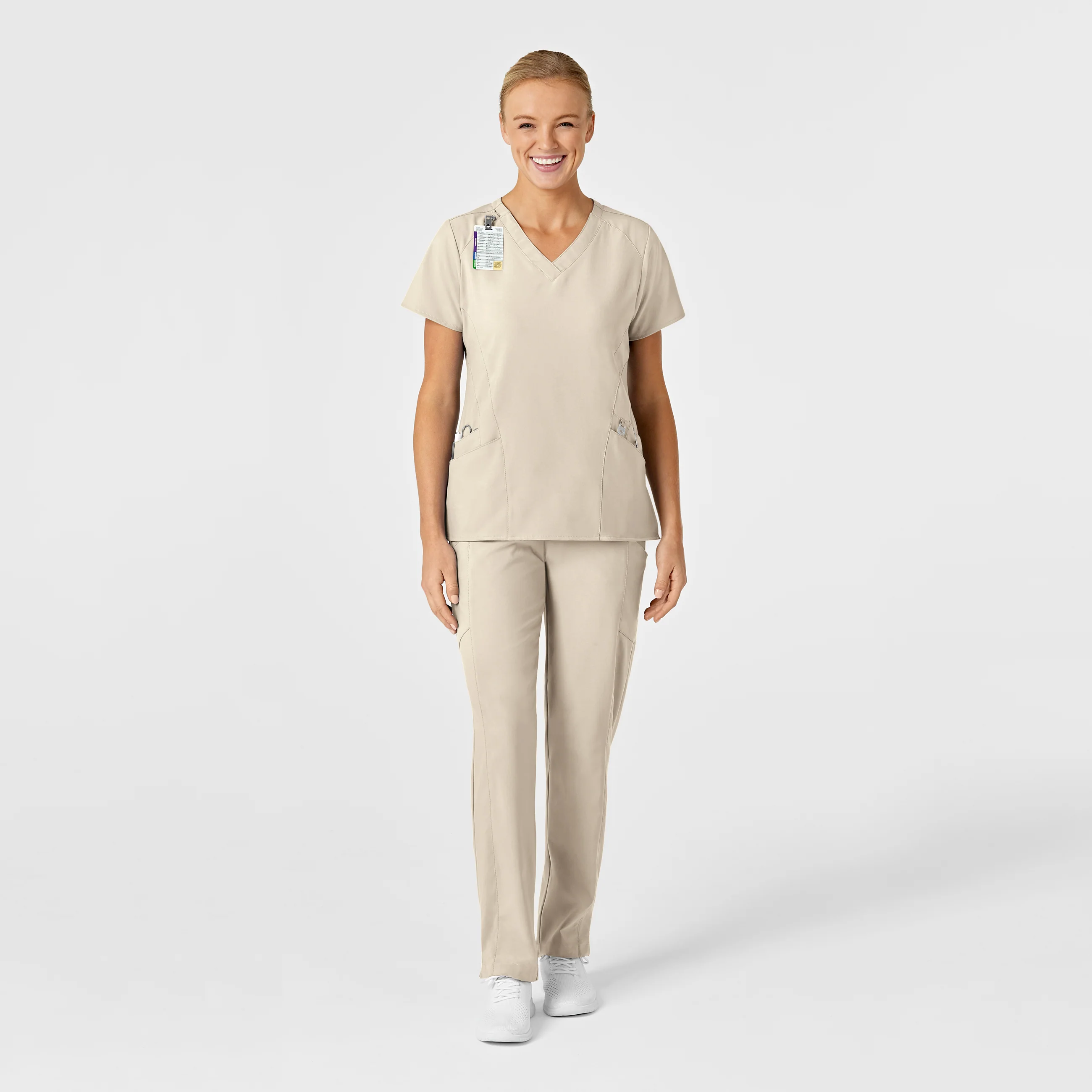 W123 Women's Stylized V-Neck Scrub Top - Khaki - Image 3