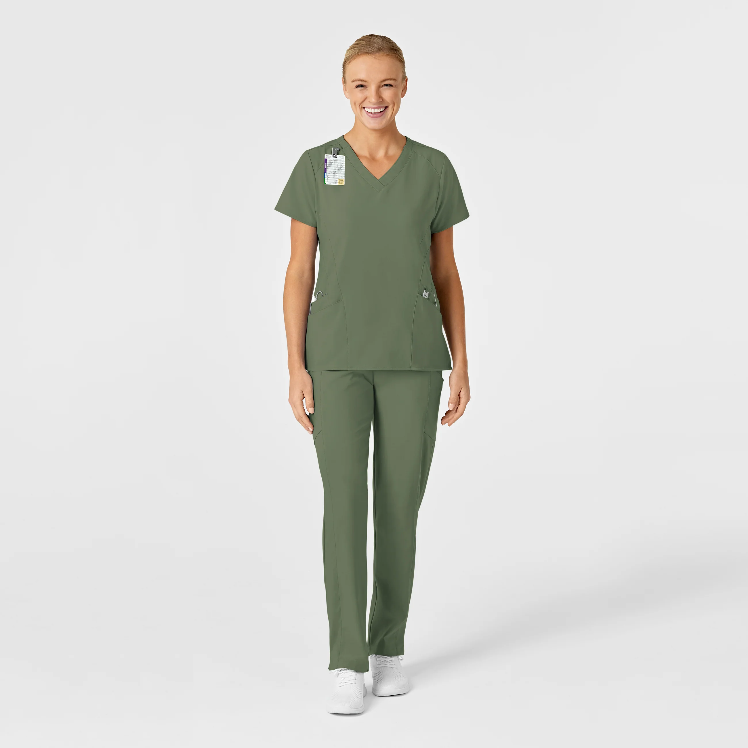 W123 Women's Stylized V-Neck Scrub Top - Olive - Image 3