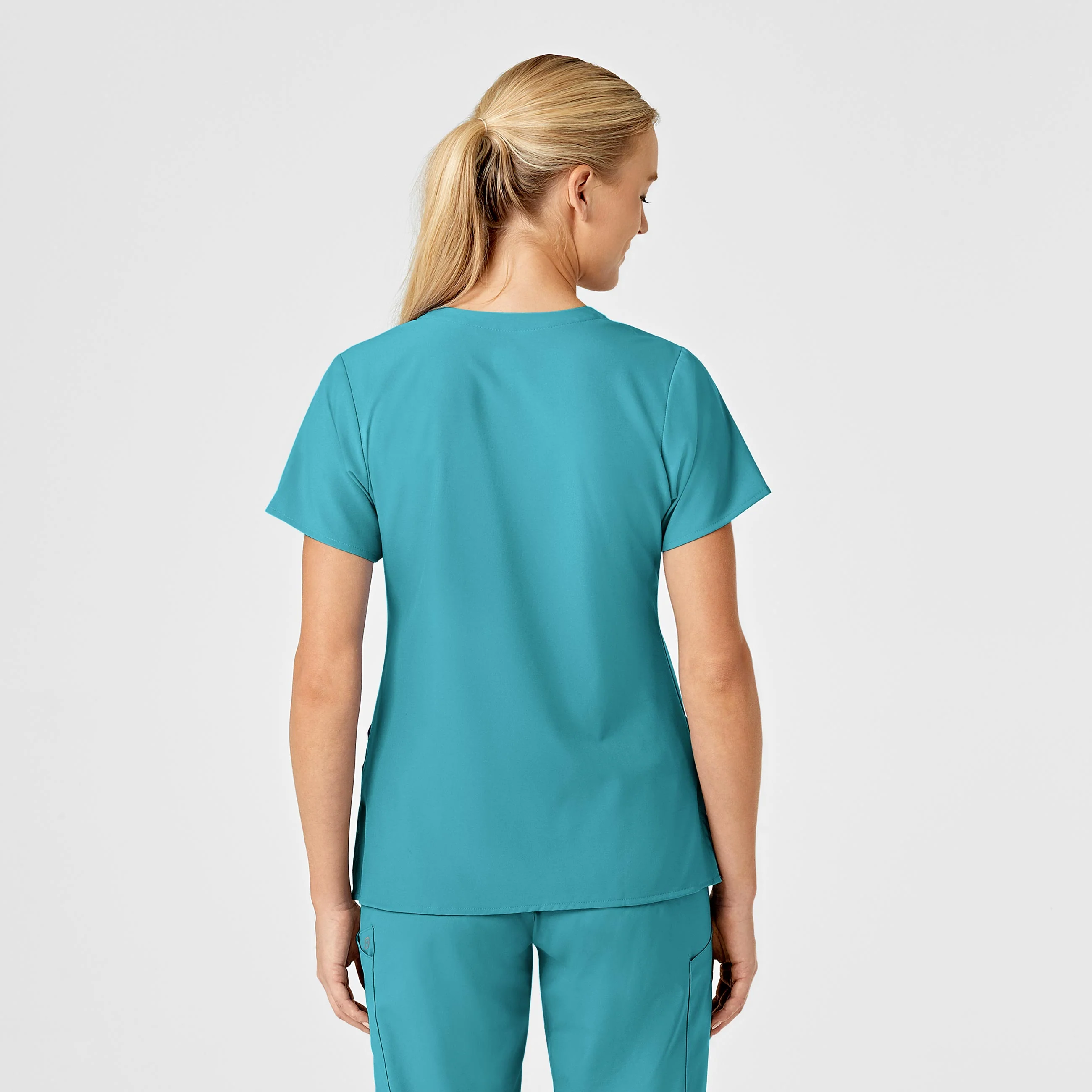 W123 Women's Stylized V-Neck Scrub Top - Teal Blue - Image 3