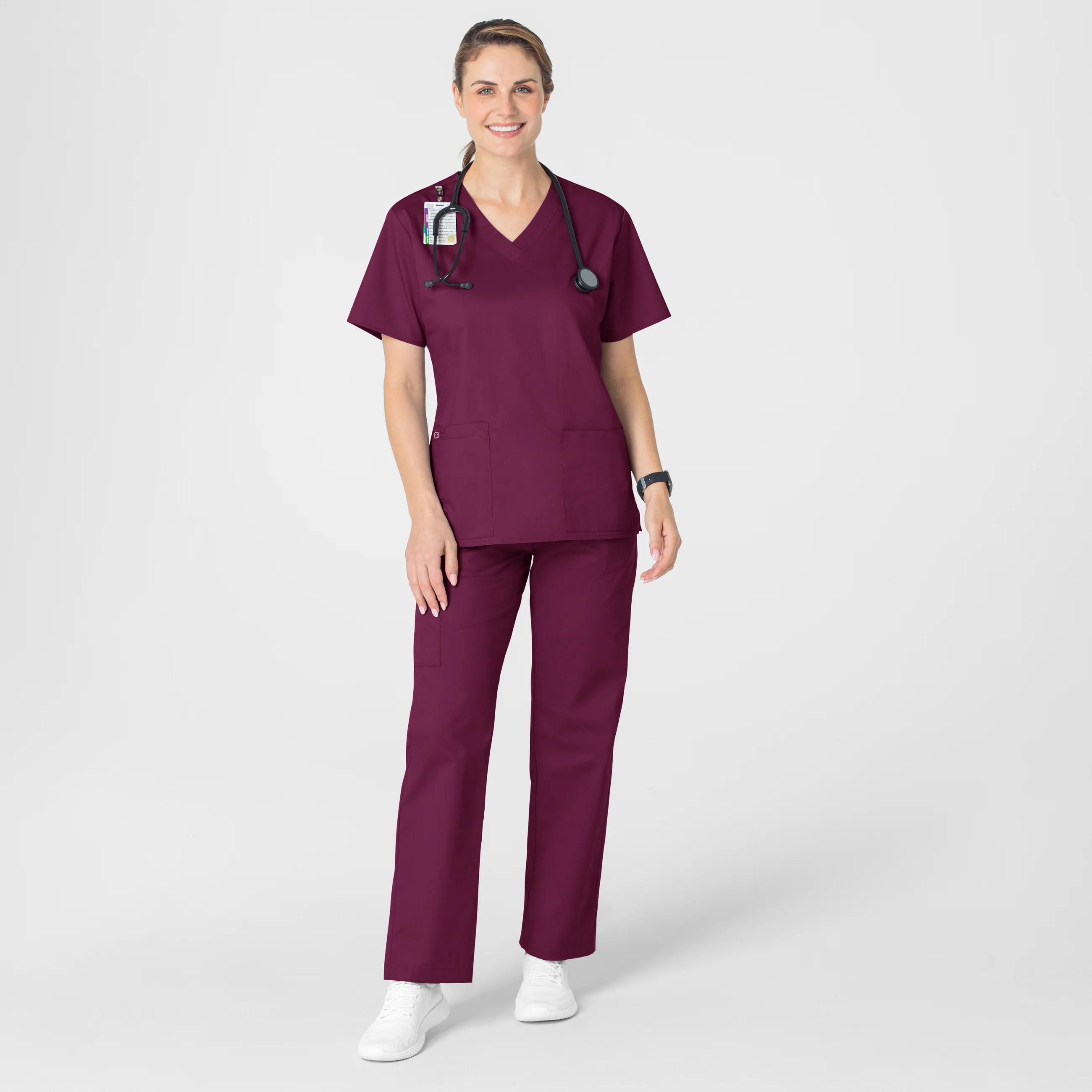 WonderWORK Women's V-Neck Scrub Top - Wine - Image 3